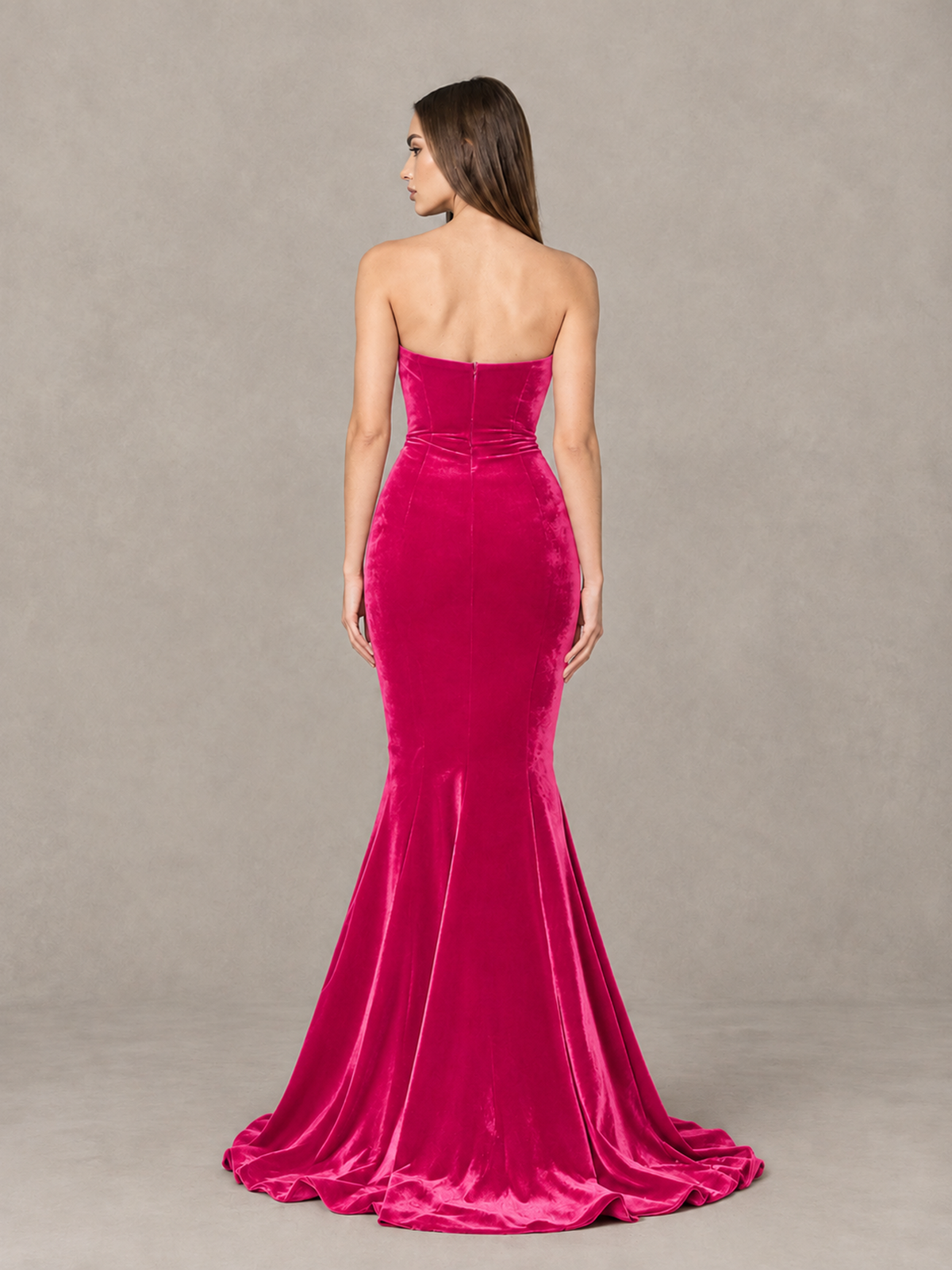 BOLODOO Hot Pink Strapless Sweetheart Velvet-Look Mermaid Evening Dress - Hot Pink - Hot Pink_2