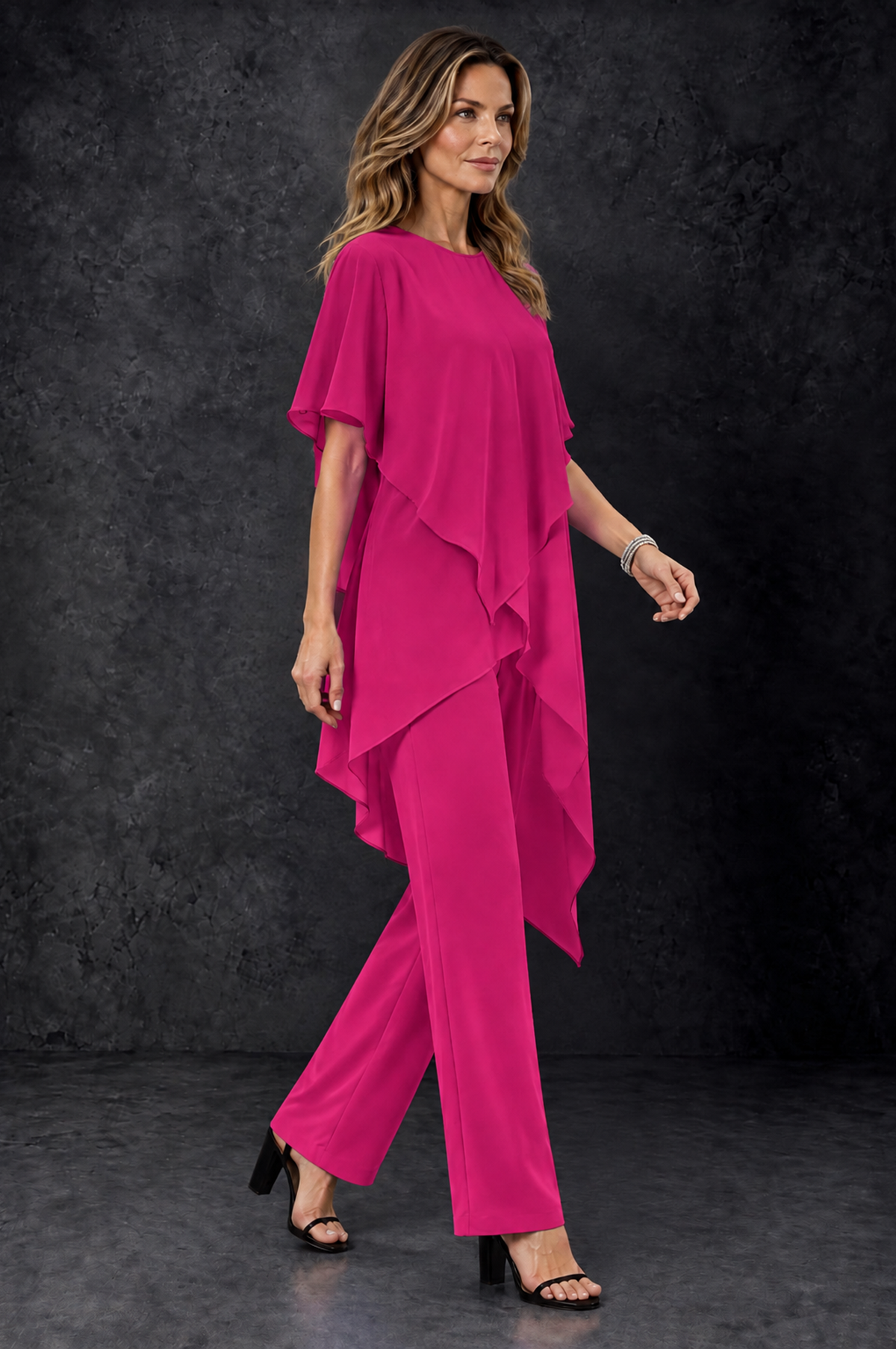 BOLODOO Hot Pink Chiffon Two Piece Mother of the Bride Pant Suit - Hot Pink - Hot_Pink_2