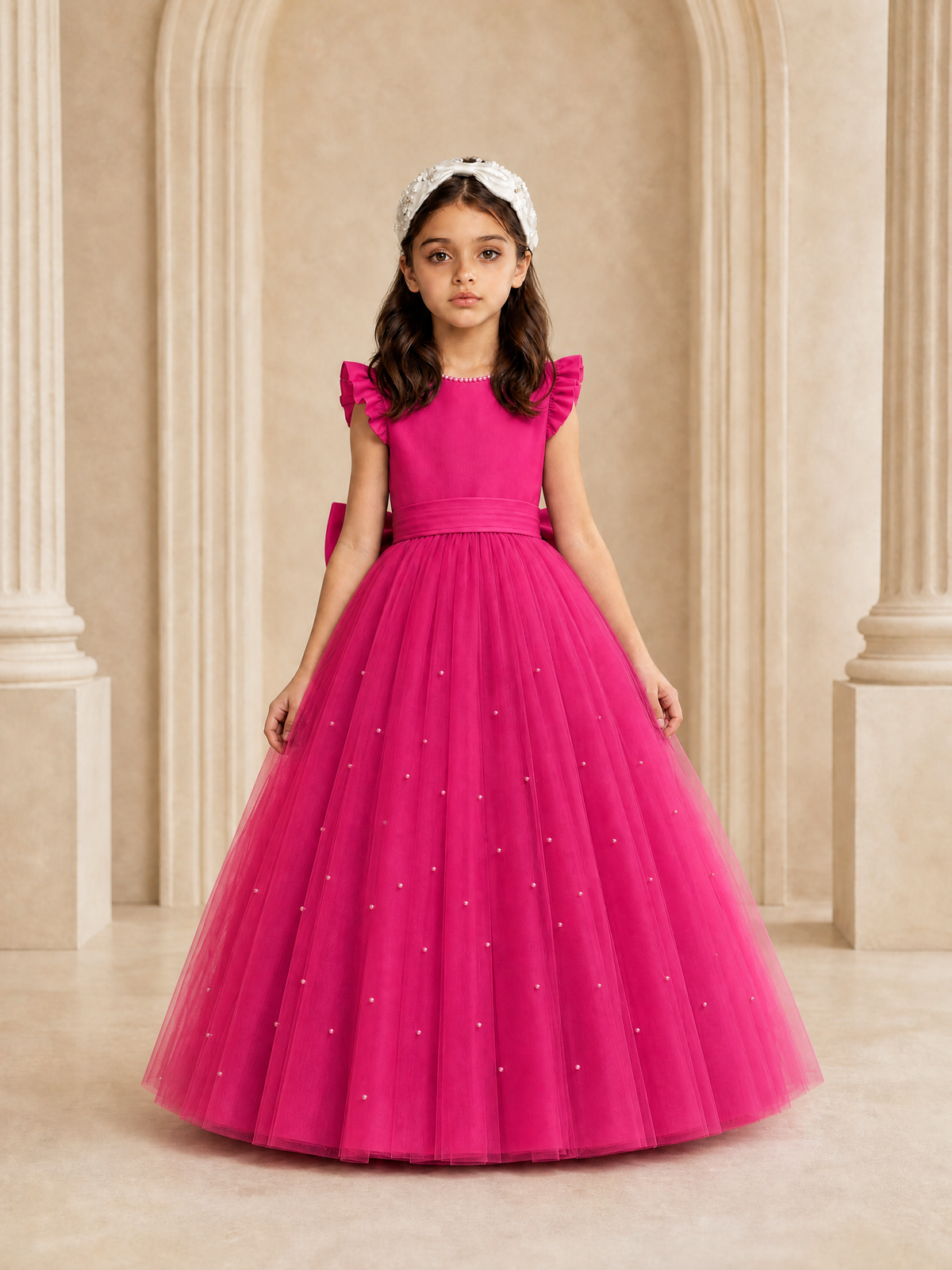 BOLODOO Hot Pink Tulle Flower Girl Dress with Ruffle Sleeves & Bow Back - Hot Pink - Hot_Pink_2