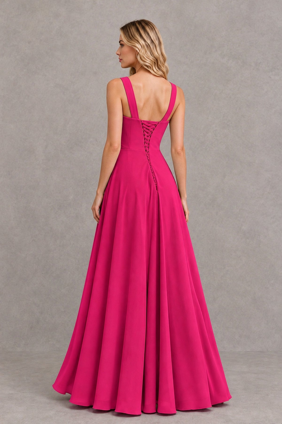 BOLODOO Hot Pink Square Neck Ruffle A-Line Bridesmaid Dress with Slit - Hot Pink - Hot Pink_2