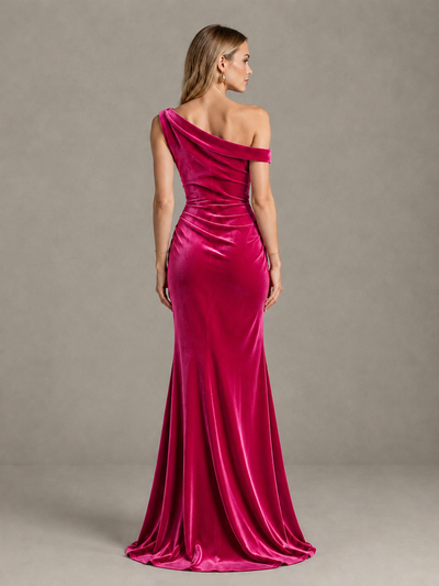 BOLODOO Hot Pink One-Shoulder Velvet Mermaid Evening Gown - Hot Pink - Hot Pink_2