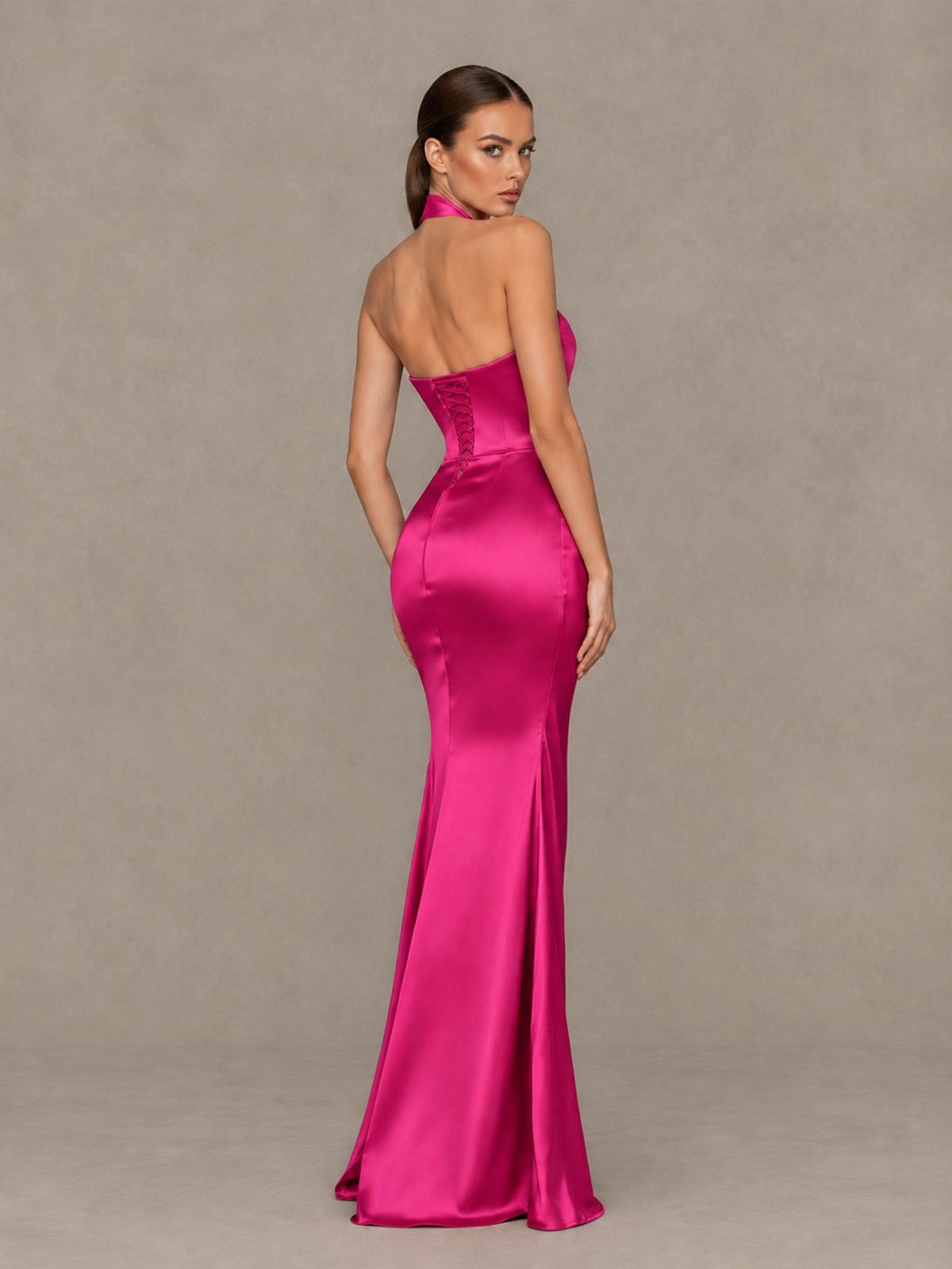 BOLODOO Hot Pink Cross-Halter Ruched Satin-Look Evening Gown with High Slit - Hot Pink - Hot Pink_2