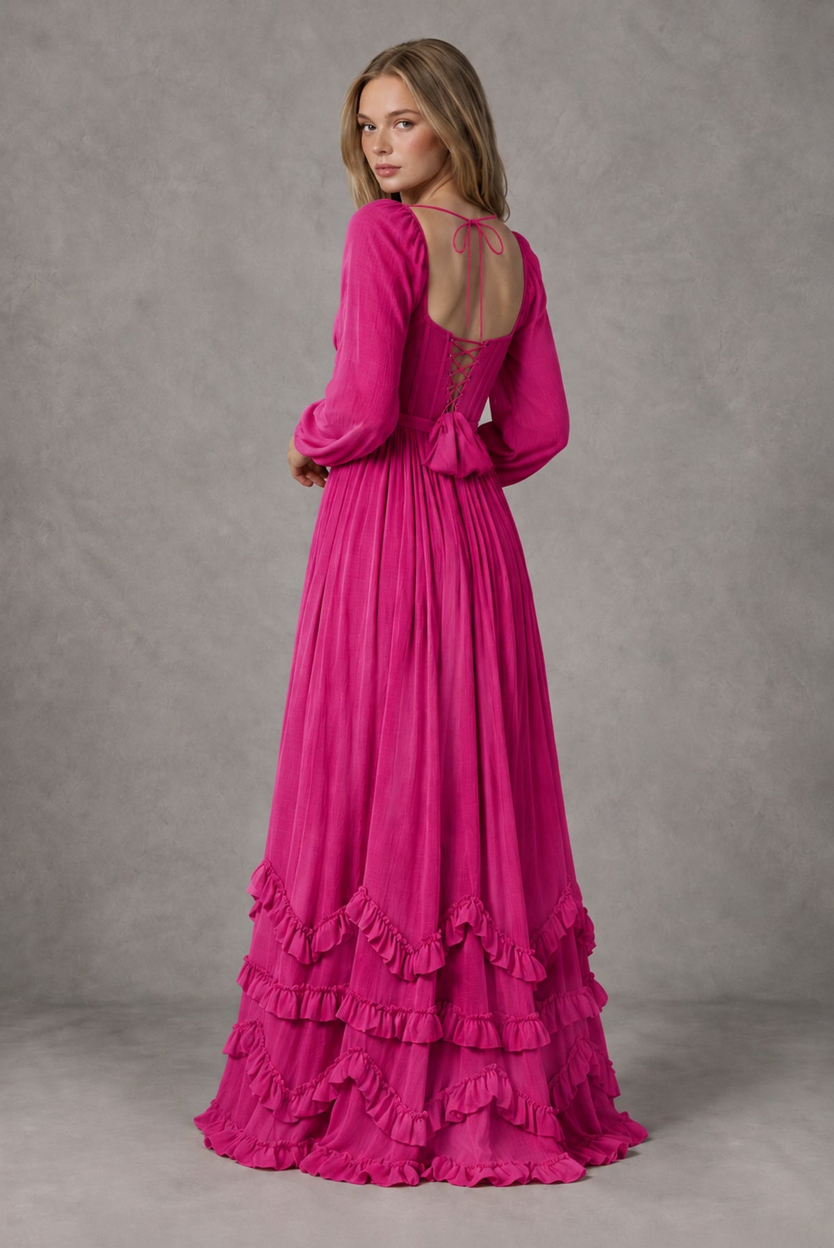 Hot Pink Long-Sleeve Ruffle Maxi Dress with Lace-Up Back and Slit - Hot Pink