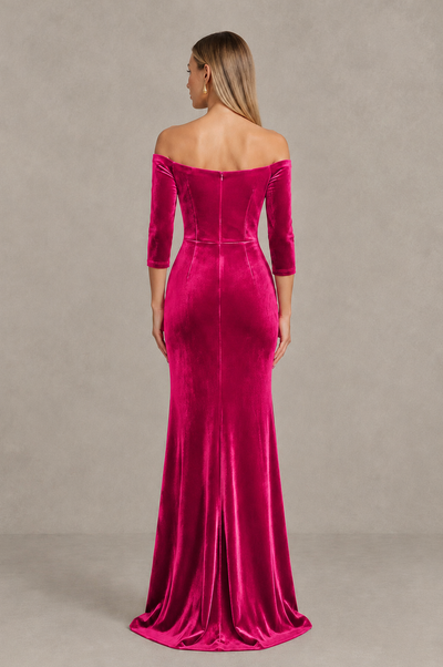 BOLODOO Hot Pink Off-Shoulder Velvet Evening Dress with High Slit - Hot Pink - Hot_Pink_2
