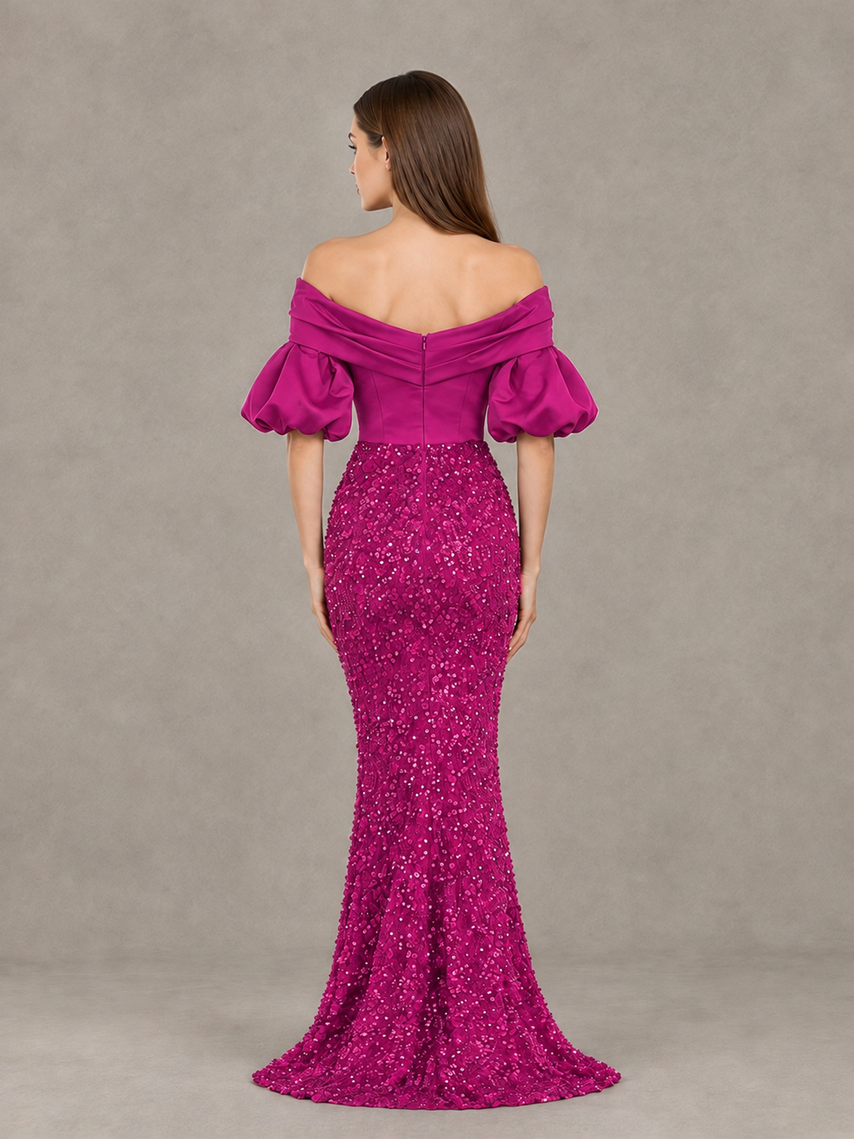 BOLODOO Hot Pink Off-Shoulder Puff Sleeve Sequin Mermaid Evening Dress - Hot Pink - Hot Pink_2