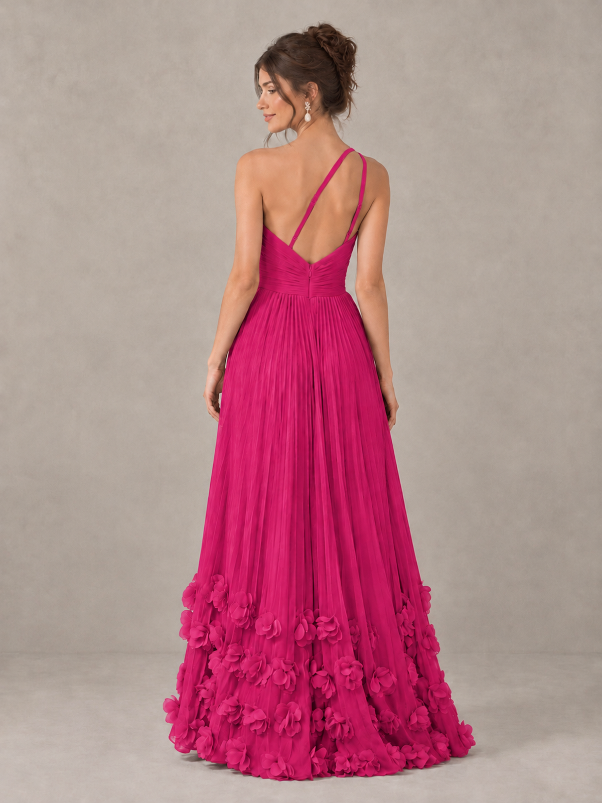 BOLODOO Hot Pink One-Shoulder Pleated Bridesmaid Dress with 3D Floral Hem - Hot Pink - Hot Pink_2