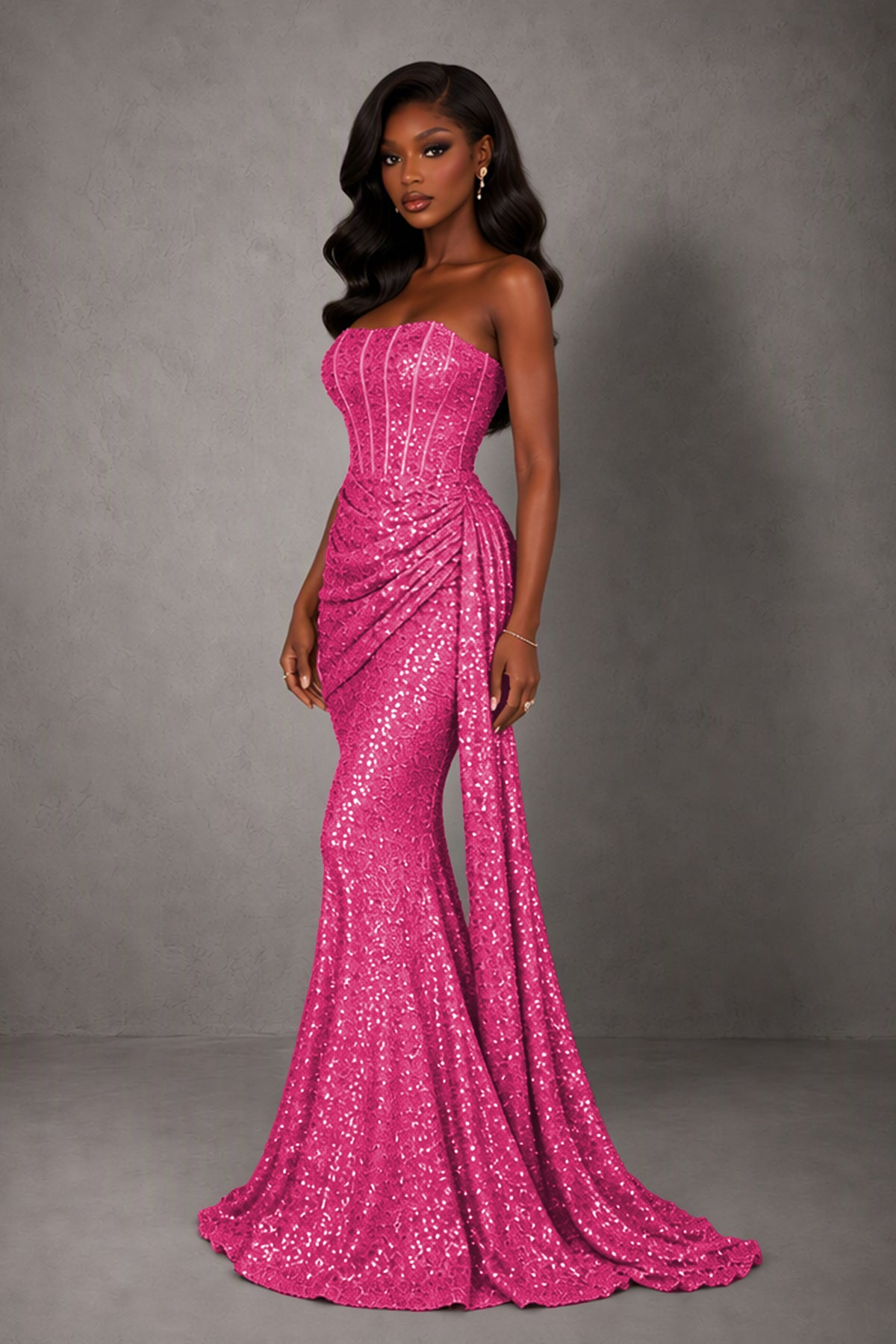 BOLODOO Hot Pink Sequin Strapless Corset Mermaid Evening Gown with Train - Hot Pink