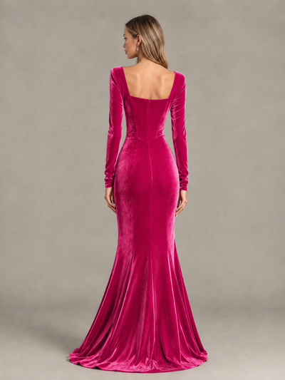 BOLODOO Hot Pink Velvet-Look Square Neck Long Sleeve Mermaid Evening Dress - Hot Pink - Hot Pink_2