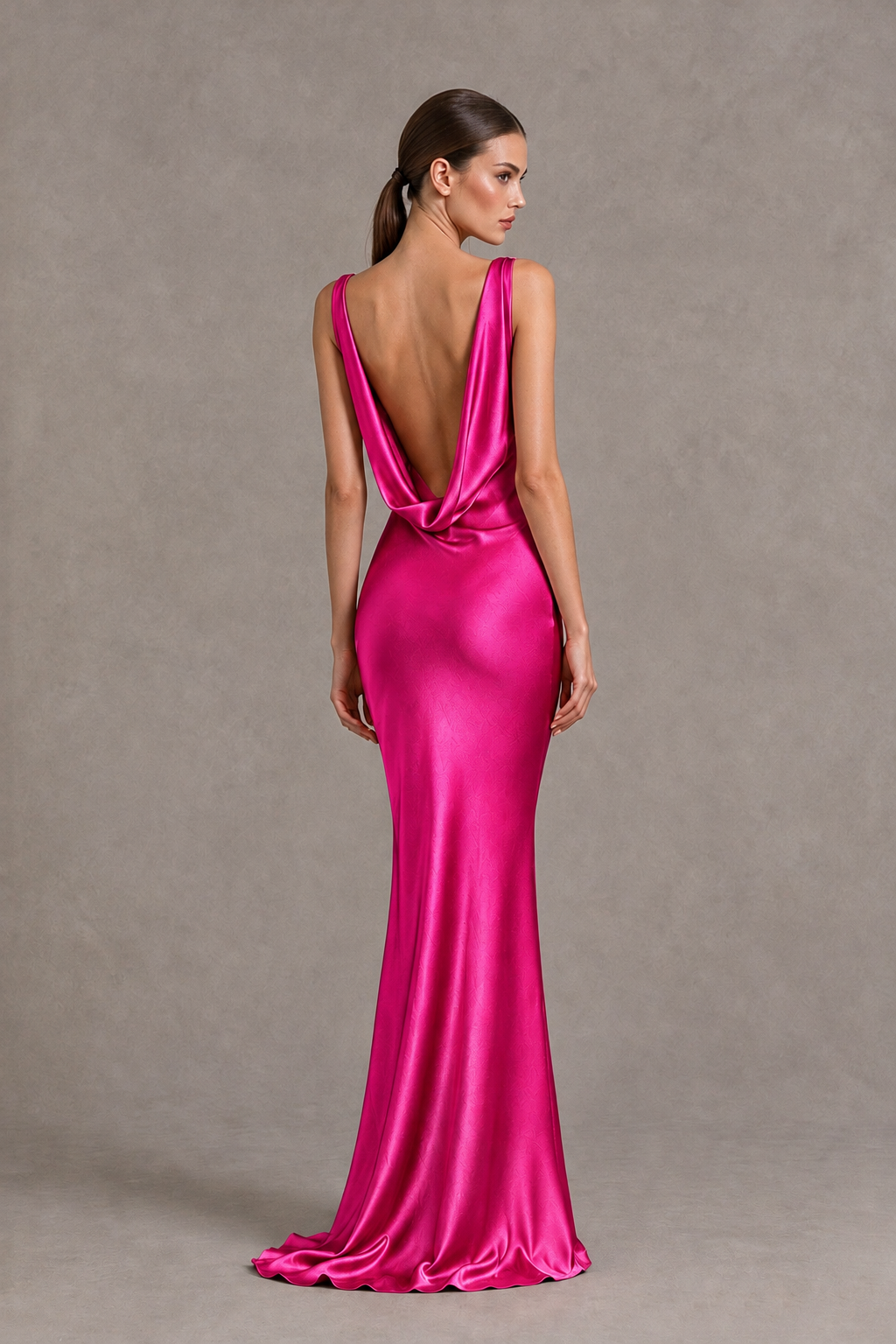 BOLODOO Hot Pink Cowl Neck Backless Satin Mermaid Evening Dress - Hot Pink - Hot Pink_2