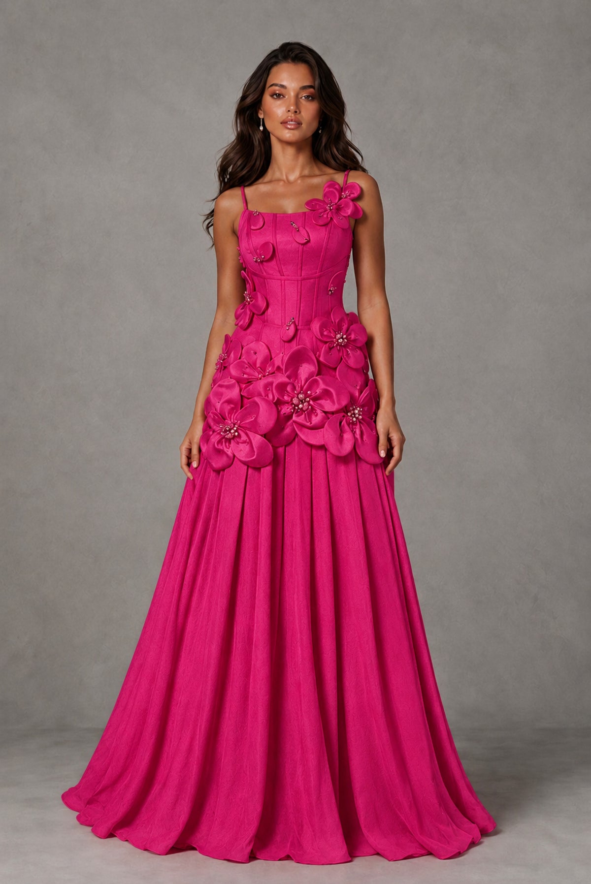 BOLODOO Hot Pink 3D Floral Appliqué Floor-Length A-Line Evening Gown - Hot Pink