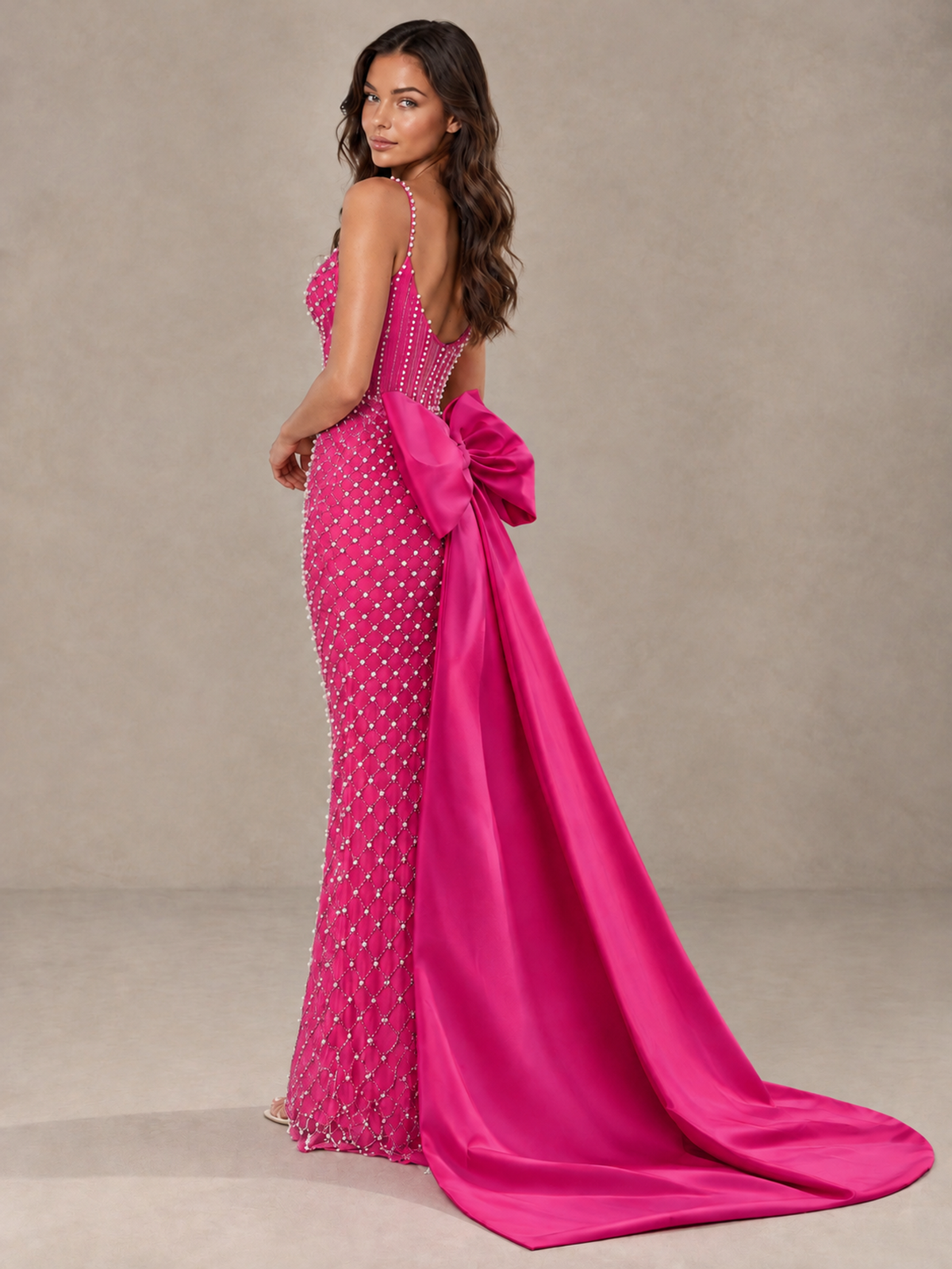 BOLODOO Hot Pink Beaded Corset Prom Dress with Bow Train - Hot Pink - Hot_Pink_2