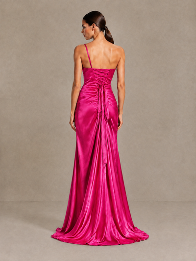 BOLODOO Hot Pink One Shoulder Satin Evening Gown with High Slit and Sweep Train - Hot Pink - Hot Pink_2