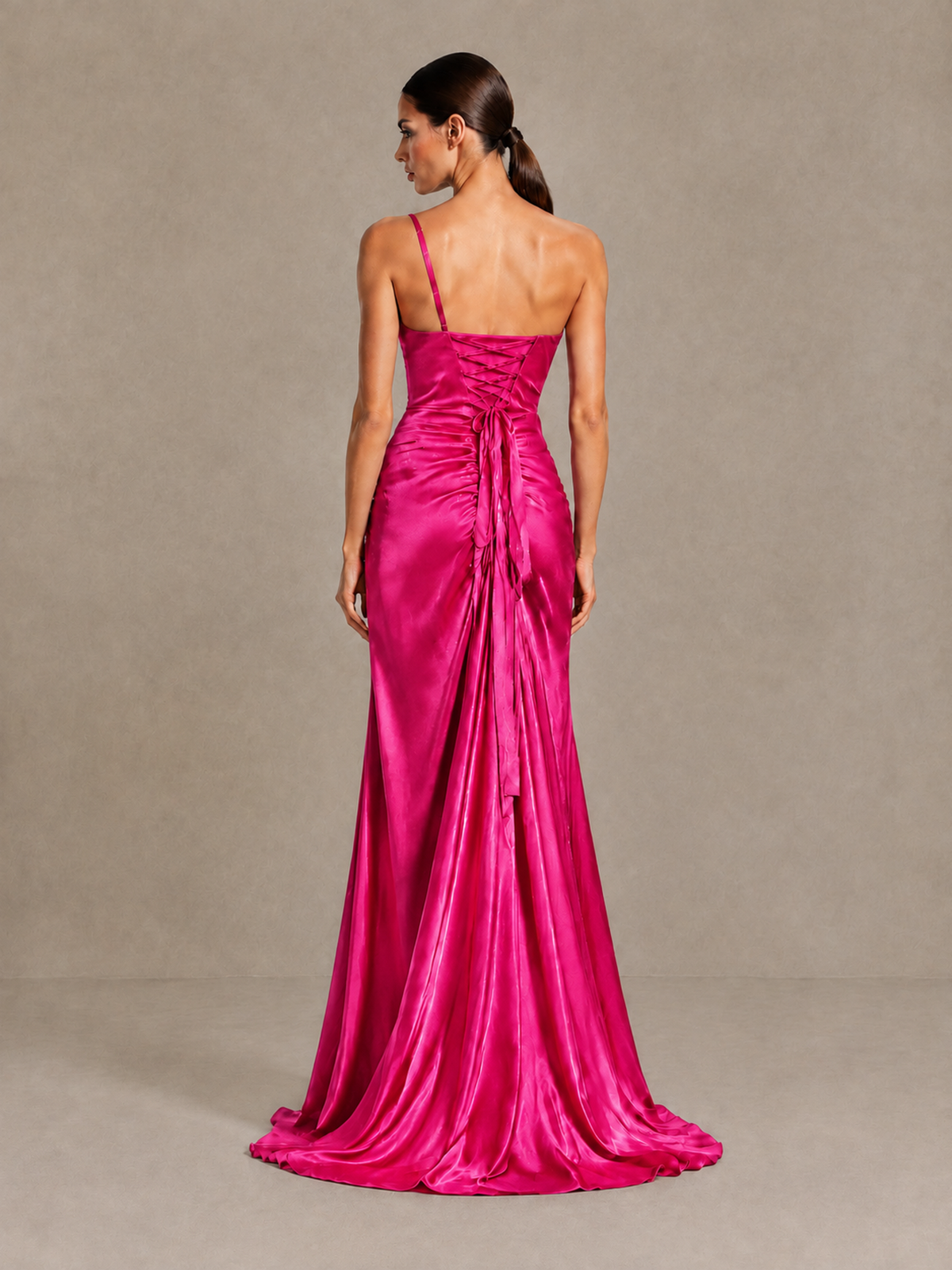 BOLODOO Hot Pink One Shoulder Satin Evening Gown with High Slit and Sweep Train - Hot Pink - Hot Pink_2