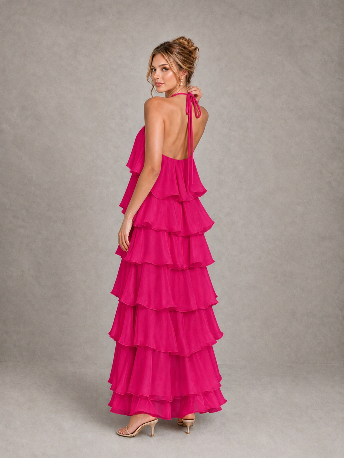 BOLODOO Hot Pink Halter Tiered Ruffle Maxi Bridesmaid Dress - Hot Pink - Hot Pink_2