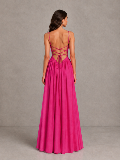 BOLODOO Hot Pink Lace-Up Back A-Line Bridesmaid Dress - Hot Pink - Hot Pink_2