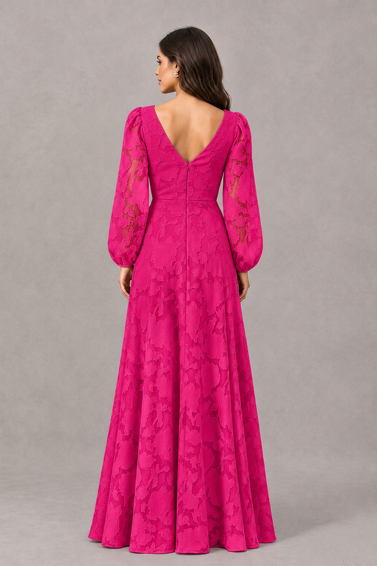 BOLODOO Hot Pink Long Sleeve V-Neck A-Line Mother of the Bride Dress - Hot Pink - Hot Pink_2