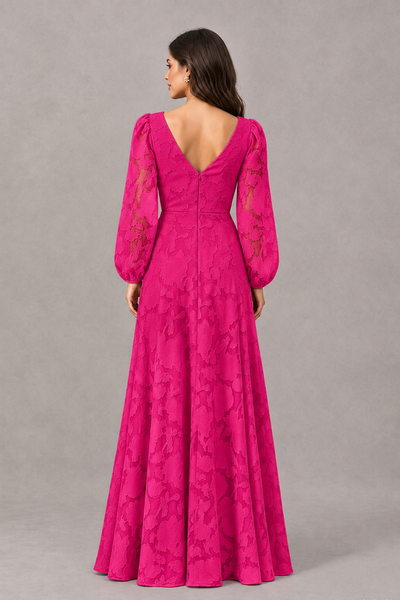 BOLODOO Hot Pink Long Sleeve V-Neck A-Line Mother of the Bride Dress - Hot Pink - Hot Pink_2