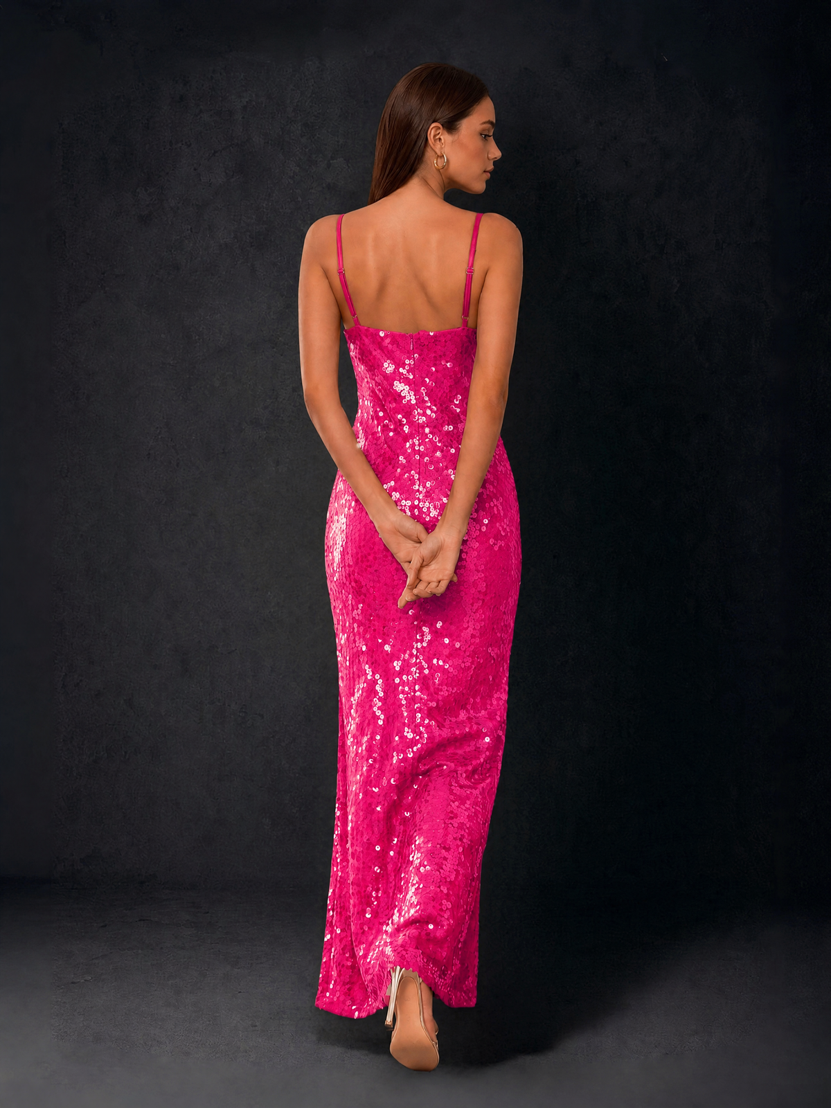 BOLODOO Bronze Sequin Cowl Neck Spaghetti Strap Mermaid Maxi Dress with Open Criss-Cross Back - Hot Pink - Hot Pink