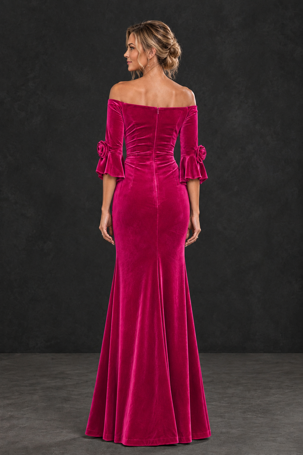 BOLODOO Hot Pink Velvet Off-Shoulder Mother of the Bride Dress – 3/4 Floral Cuff Sleeve Mermaid Evening Gown - Hot Pink - Hot Pink_2