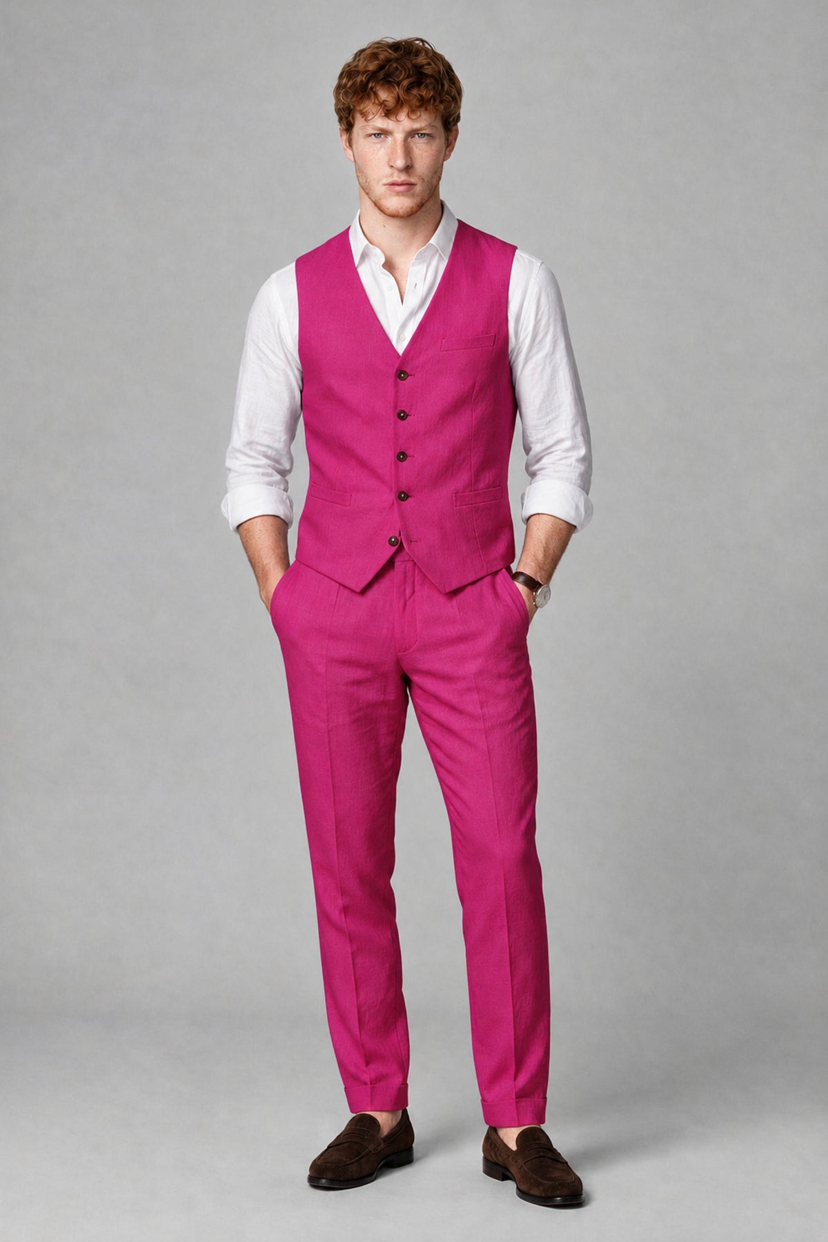 Bolodoo Men's Hot Pink 2-Piece Vest and Pants Set with V-Neck Waistcoat - Hot Pink - Hot Pink_2