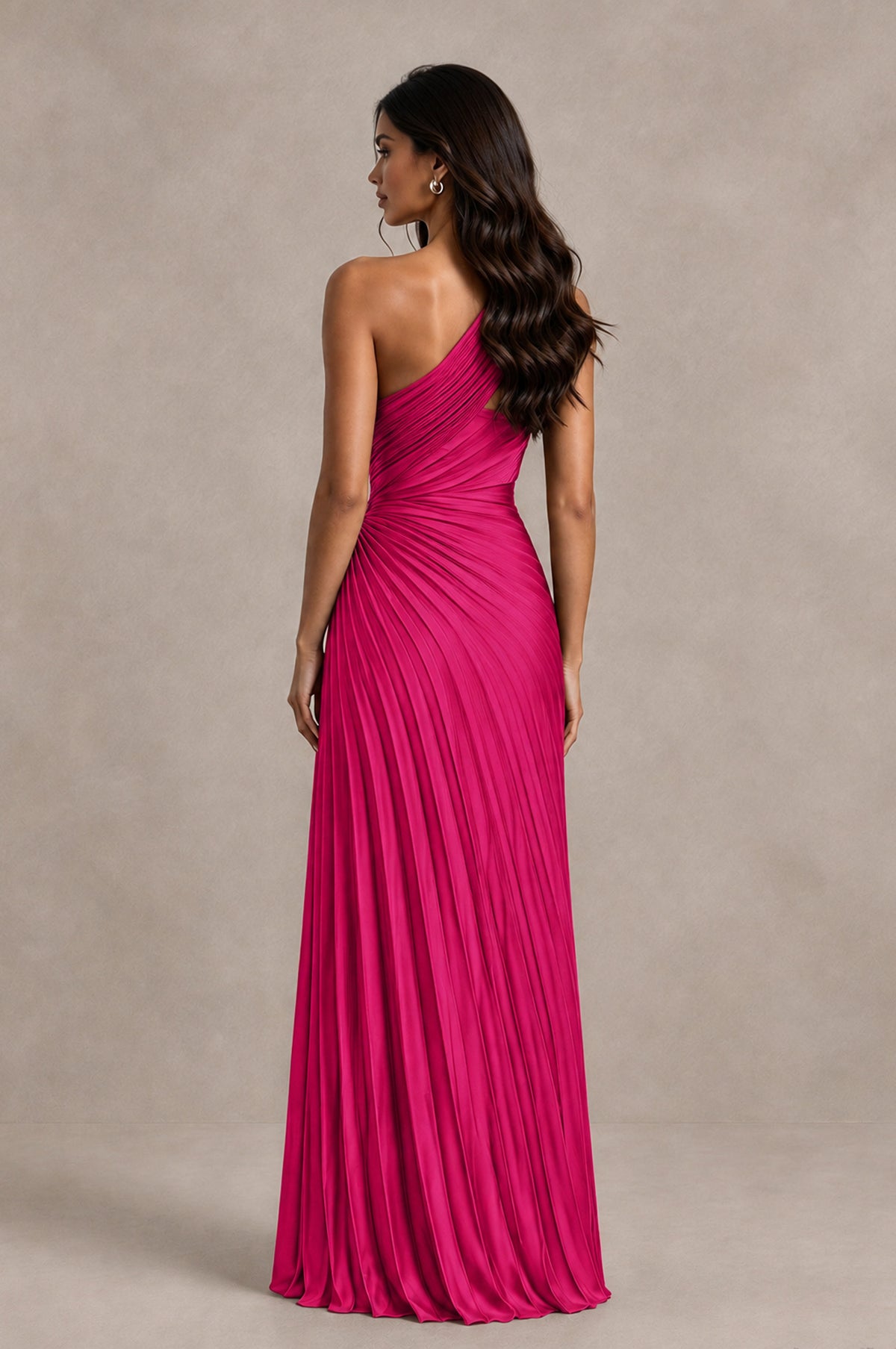 BOLODOO Hot Pink One Shoulder Pleated Evening Dress with Ruched Waist and High Slit - Hot Pink - Hot Pink_2