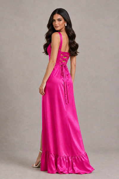 BOLODOO Hot Pink Square Neck Satin Evening Dress with Lace-Up Back and High Slit - Hot Pink - Hot Pink_2