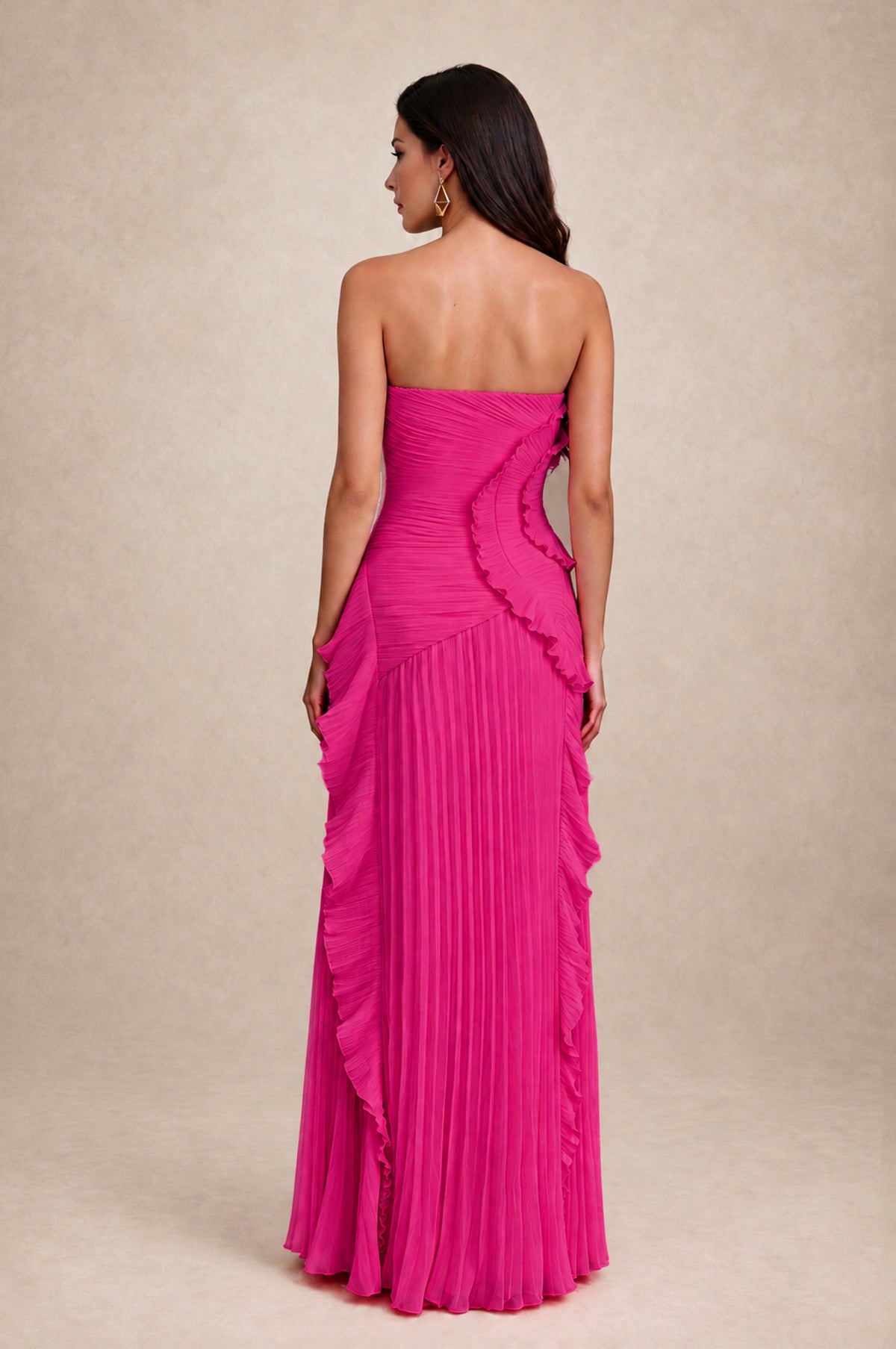 BOLODOO Hot Pink Strapless Ruffle Pleated Slit Evening Gown - Hot Pink - Hot Pink_2