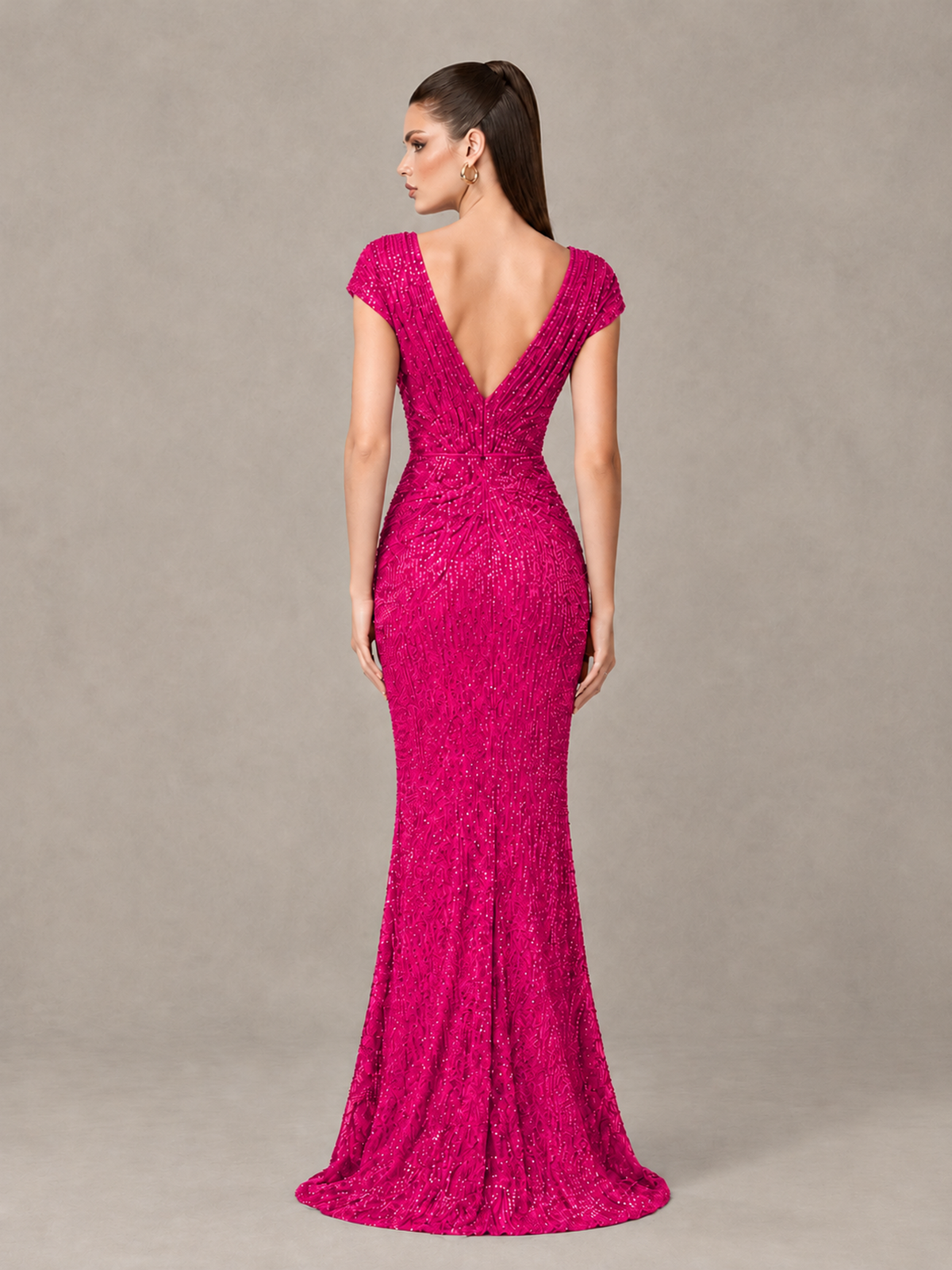 BOLODOO Hot Pink Glitter V-Neck Cap Sleeve Ruched Mermaid Evening Gown - Hot Pink - Hot Pink_2