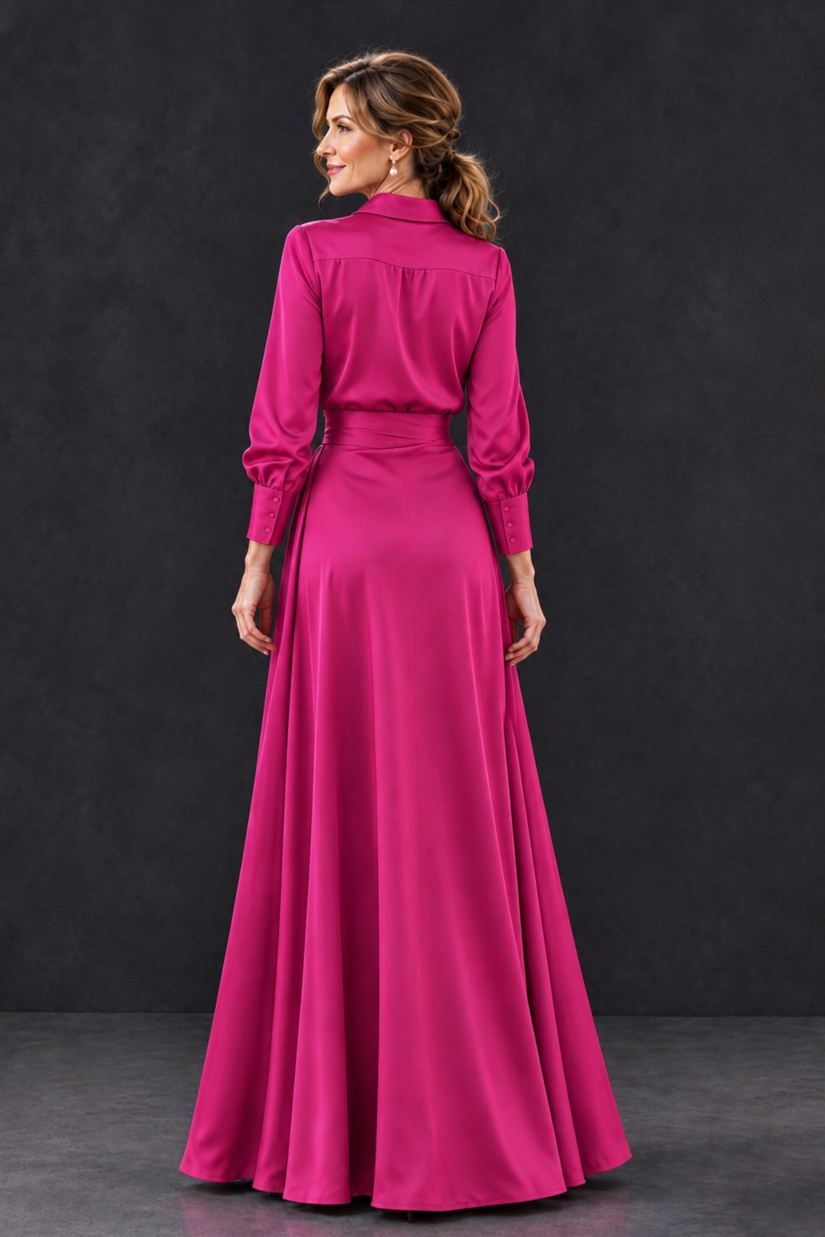 BOLODOO Hot Pink Long Sleeve Satin-Look Lace Panel Gown - Hot Pink - Hot Pink_2