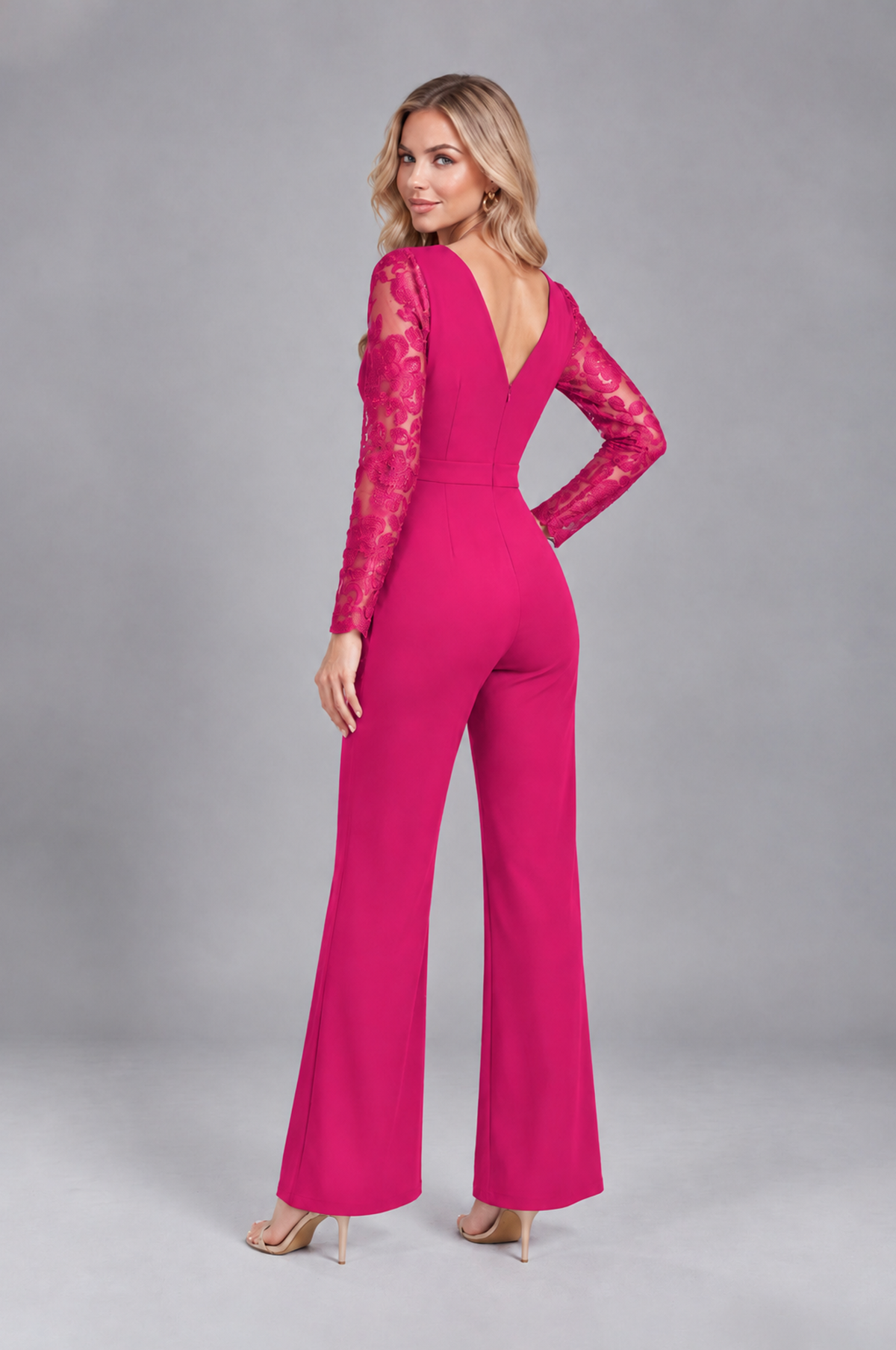 BOLODOO Hot Pink Lace Long-Sleeve V-Neck Mother Pant Suit - Hot Pink - Hot Pink_2