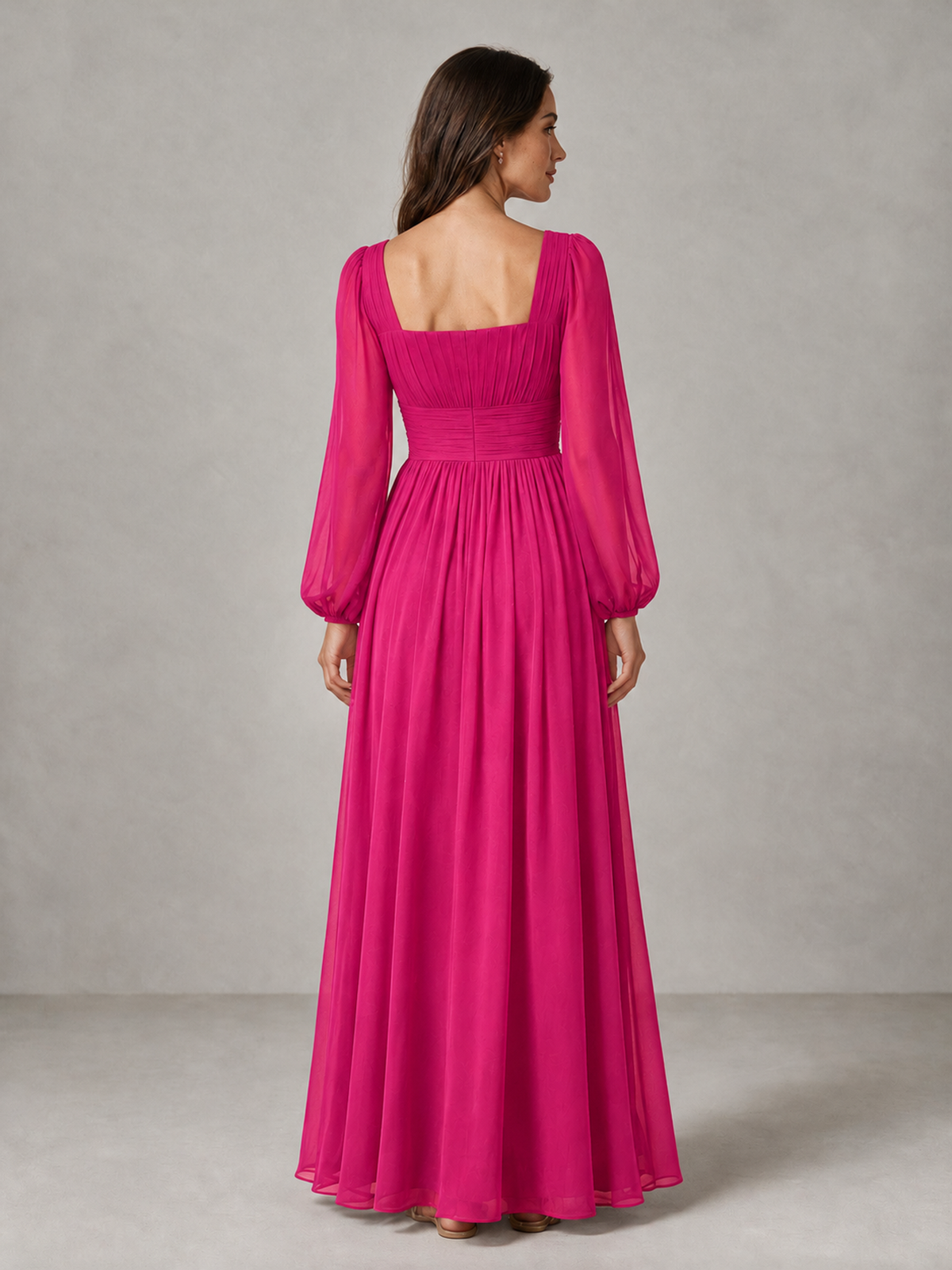 BOLODOO Hot Pink Square Neck Long Sleeve Chiffon Bridesmaid Dress - Hot Pink - Hot Pink_2