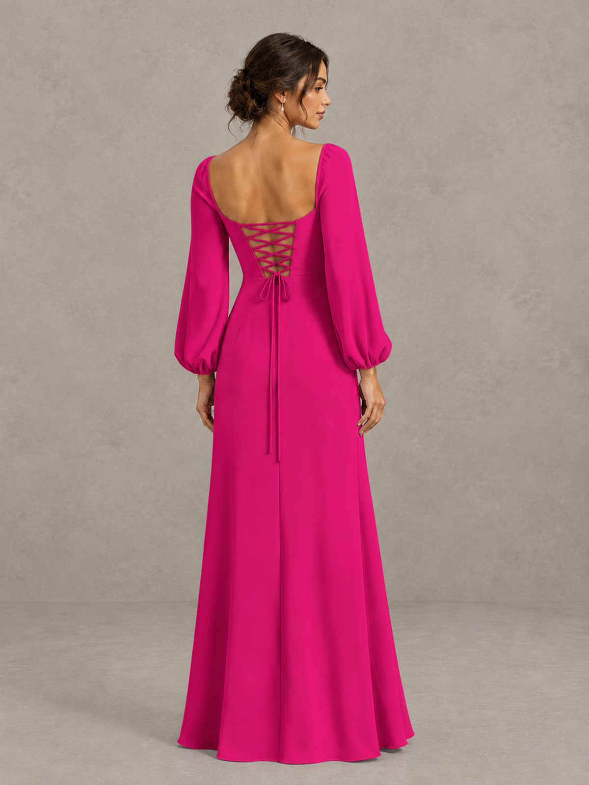BOLODOO Hot Pink Square Neck Long Sleeve Bridesmaid Dress with High Slit - Hot Pink - Hot Pink_2
