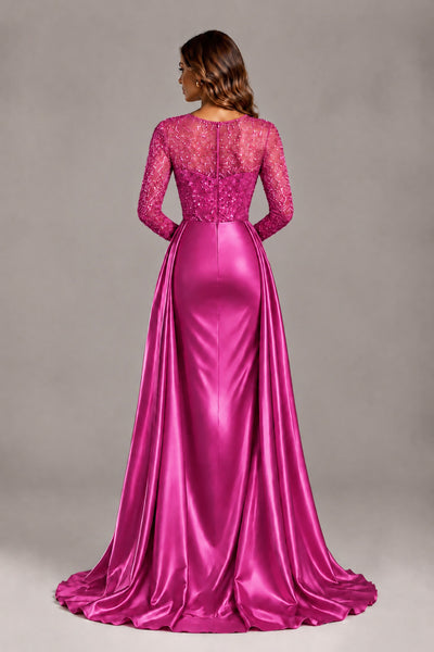 BOLODOO Hot Pink Long Sleeve Embellished Satin Evening Gown with Sweep Train - Hot Pink - Hot Pink_2
