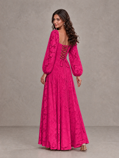 BOLODOO Hot Pink Floral Long Sleeve A-Line Bridesmaid Dress - Hot Pink - Hot Pink_2