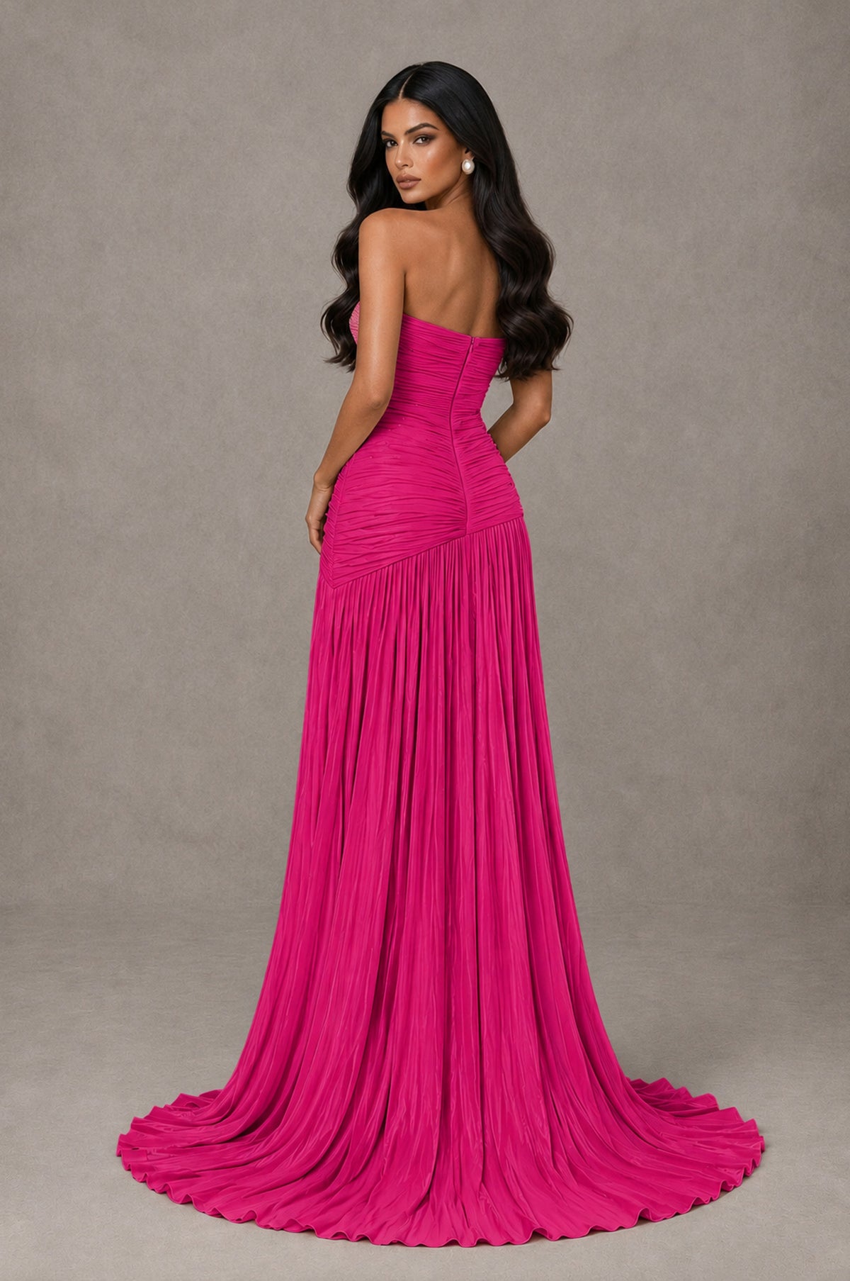 BOLODOO Hot Pink Metallic Ruched Strapless Pleated A-Line Backless Maxi Dress with Train - Hot Pink - Hot Pink_2