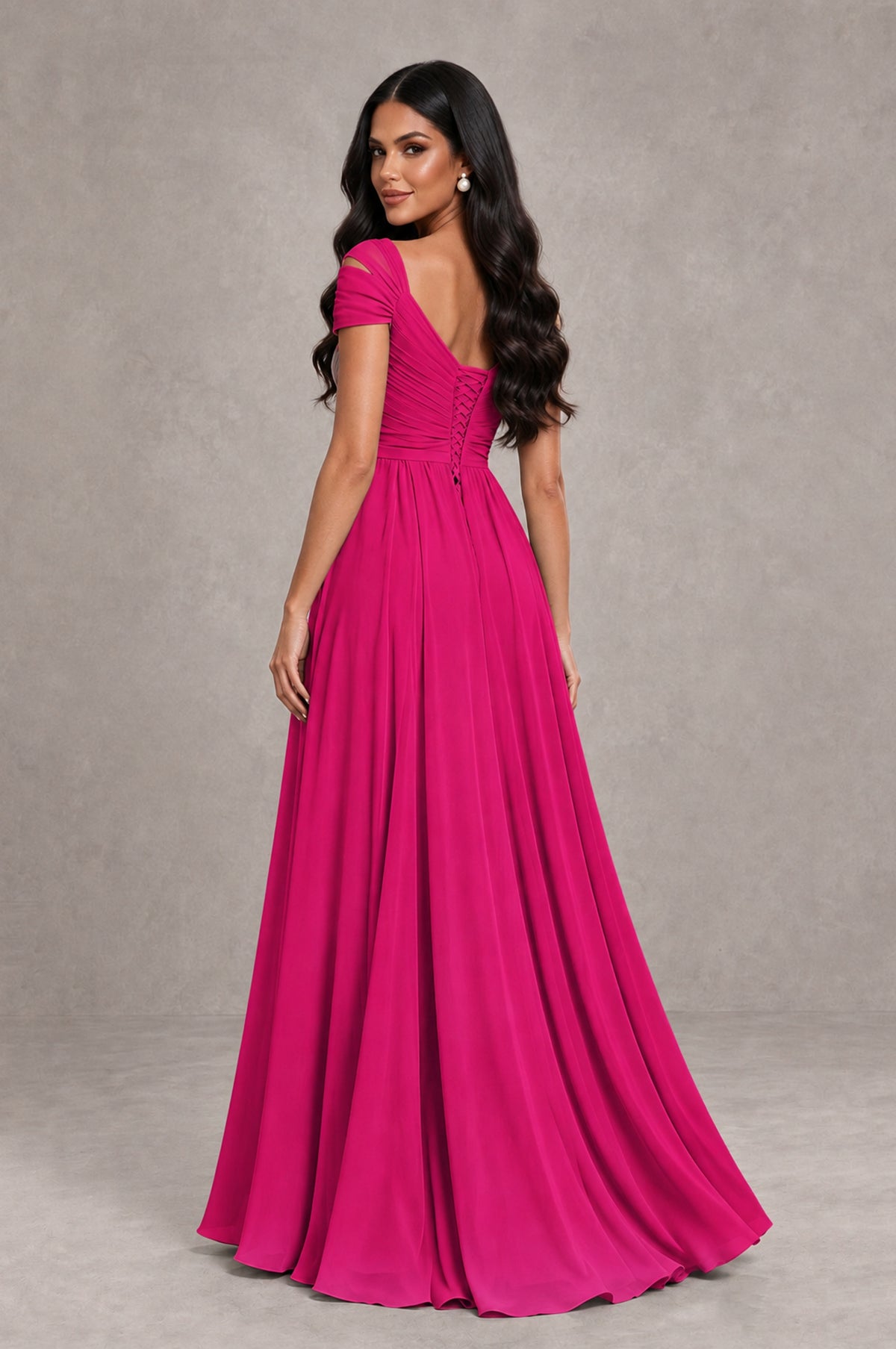 BOLODOO Hot Pink Cold Shoulder Chiffon Evening Dress with V Neck and High Slit - Hot Pink - Hot Pink_2
