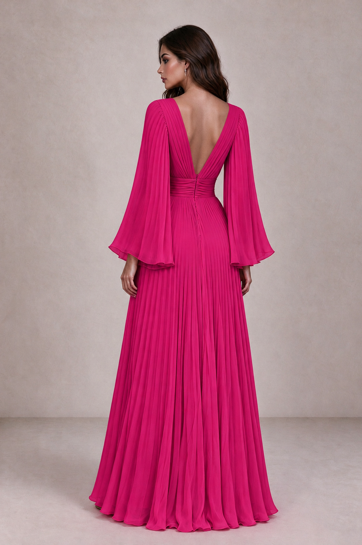 BOLODOO Hot Pink Pleated Deep V-Neck Long Bell Sleeve Evening Dress - Hot Pink - Hot_Pink_2