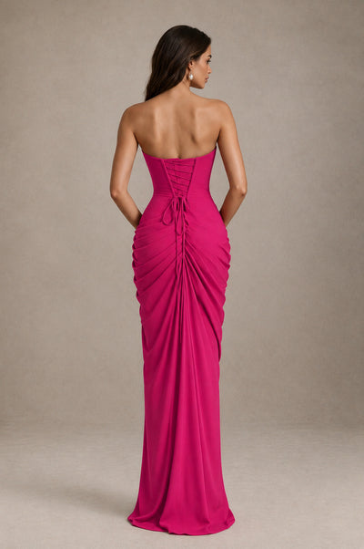 BOLODOO Strapless Draped Maxi Dress - Hot Pink Backless Evening Gown with High Slit - Hot Pink - Hot Pink_2