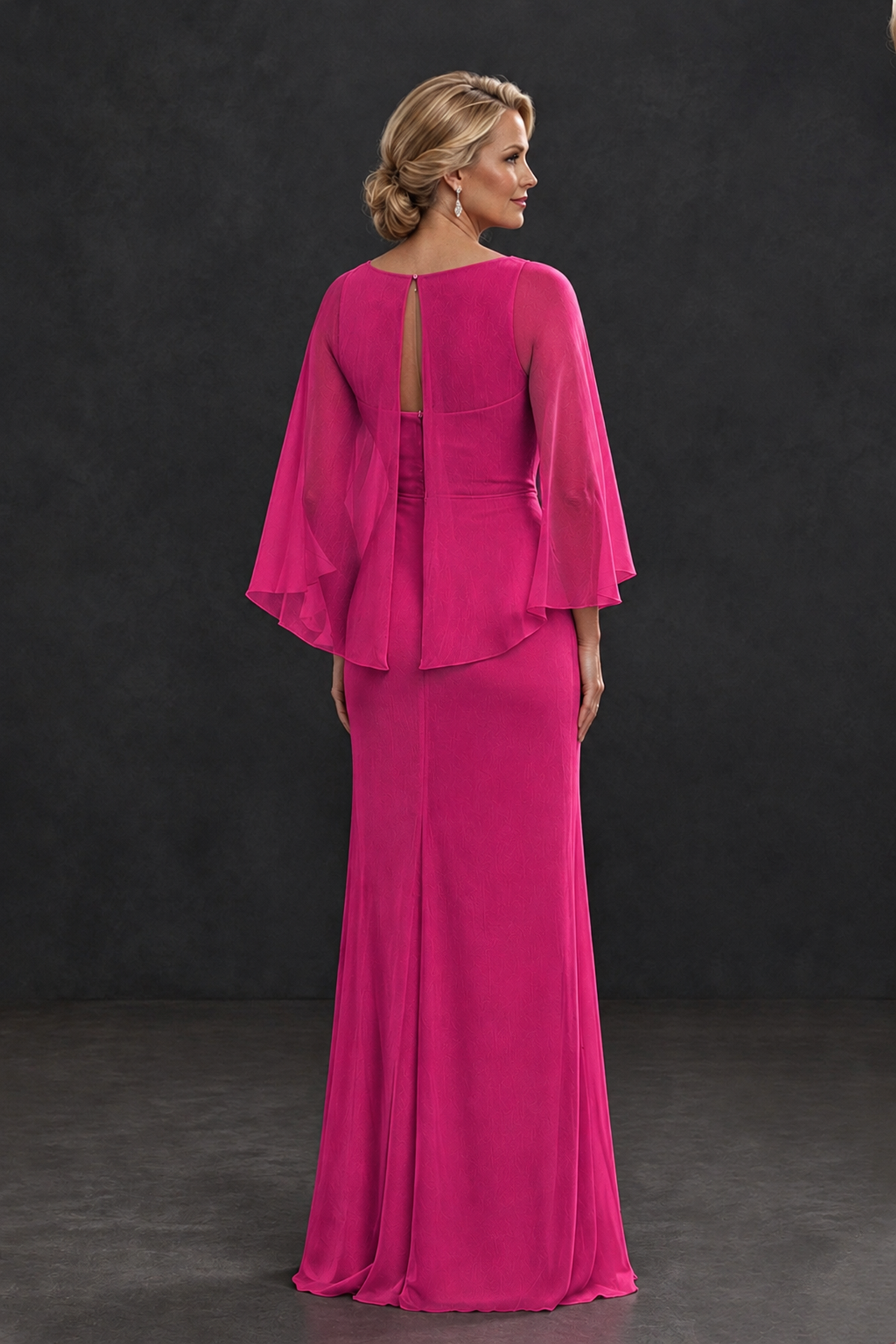 BOLODOO Hot Pink Cape Sleeve Mother of the Bride Dress with Ruched Waist - Hot Pink - Hot Pink_2