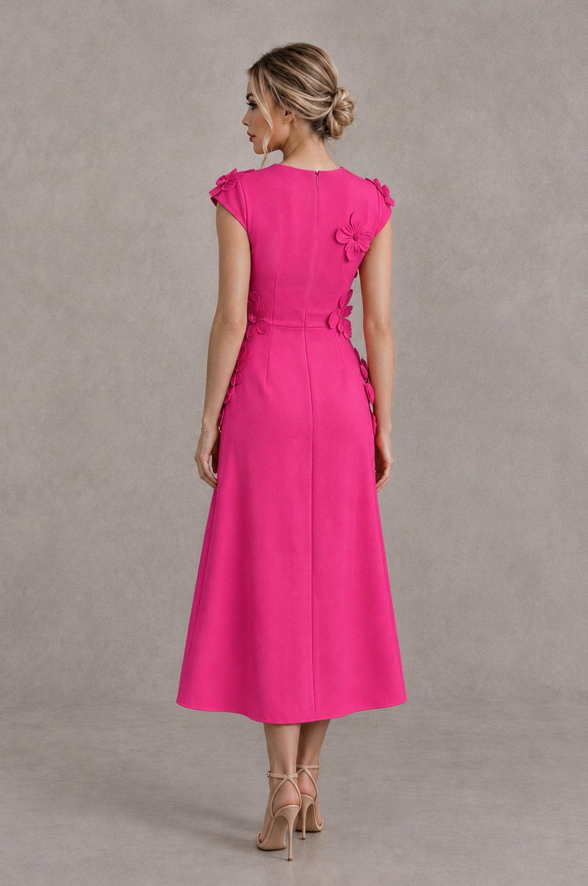 BOLODOO Hot Pink 3D Floral Cap Sleeve Midi Cocktail Dress - Hot Pink - Hot Pink_2