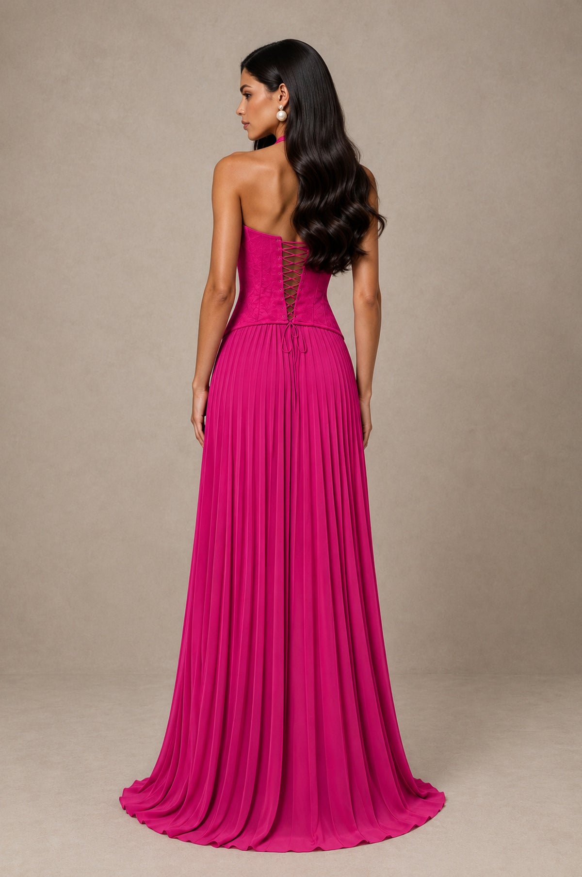 BOLODOO Hot Pink Halter Corset Pleated A-Line Evening Dress - Hot Pink - Hot Pink_2