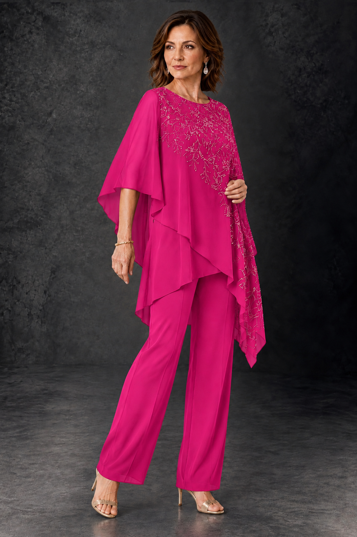 BOLODOO Hot Pink Embellished Cape Pant Suit for Mother of the Bride - Hot Pink - Hot_Pink_2