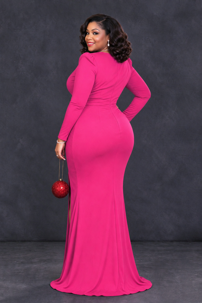 BOLODOO Hot Pink Plus Size Long Sleeve V-Neck Mother of the Bride Dress with Slit - Hot Pink - Hot Pink_2