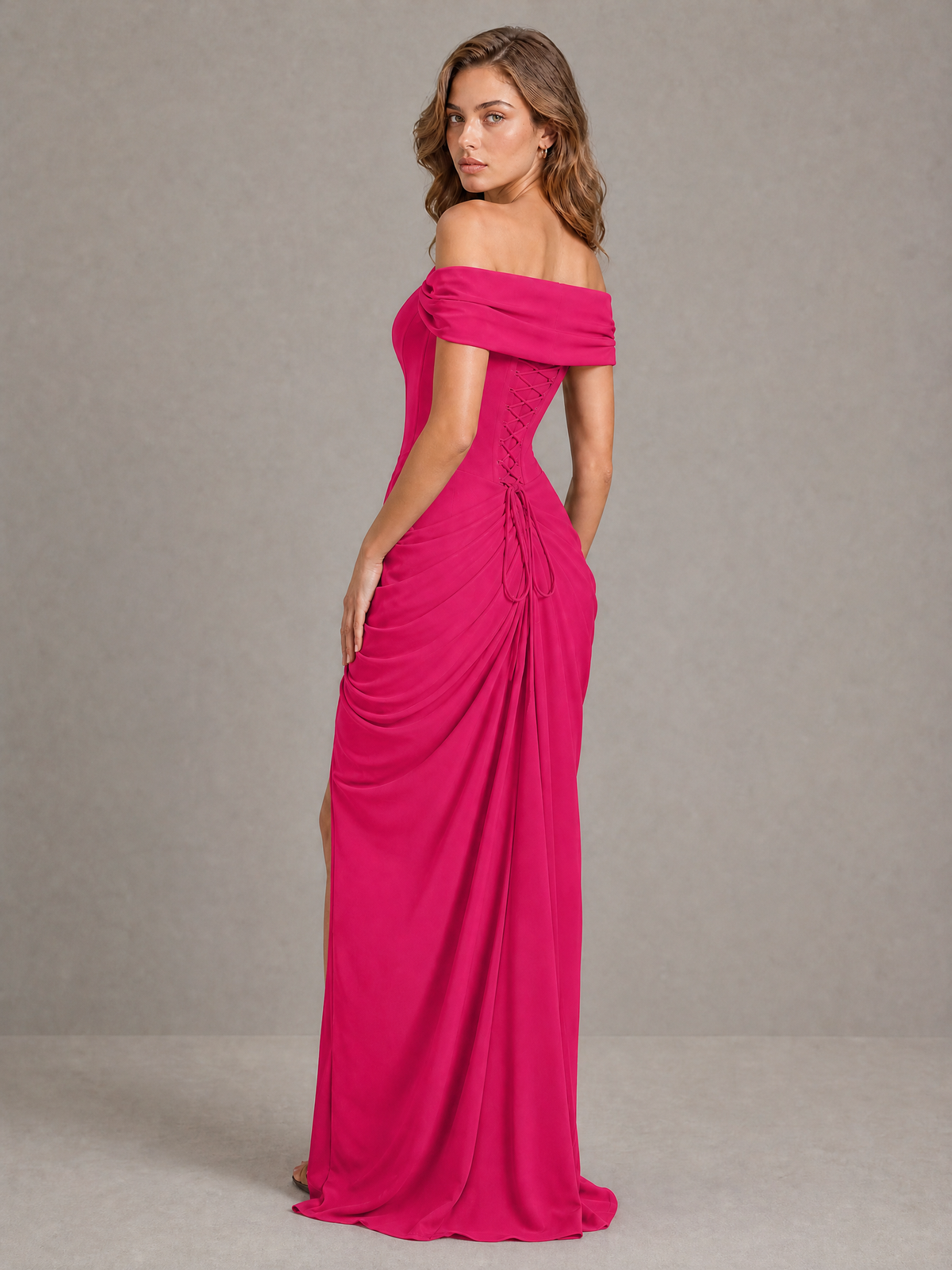 BOLODOO Hot Pink Off-Shoulder Ruched Corset Wedding Guest Dress with Slit - Hot Pink - Hot_Pink_2
