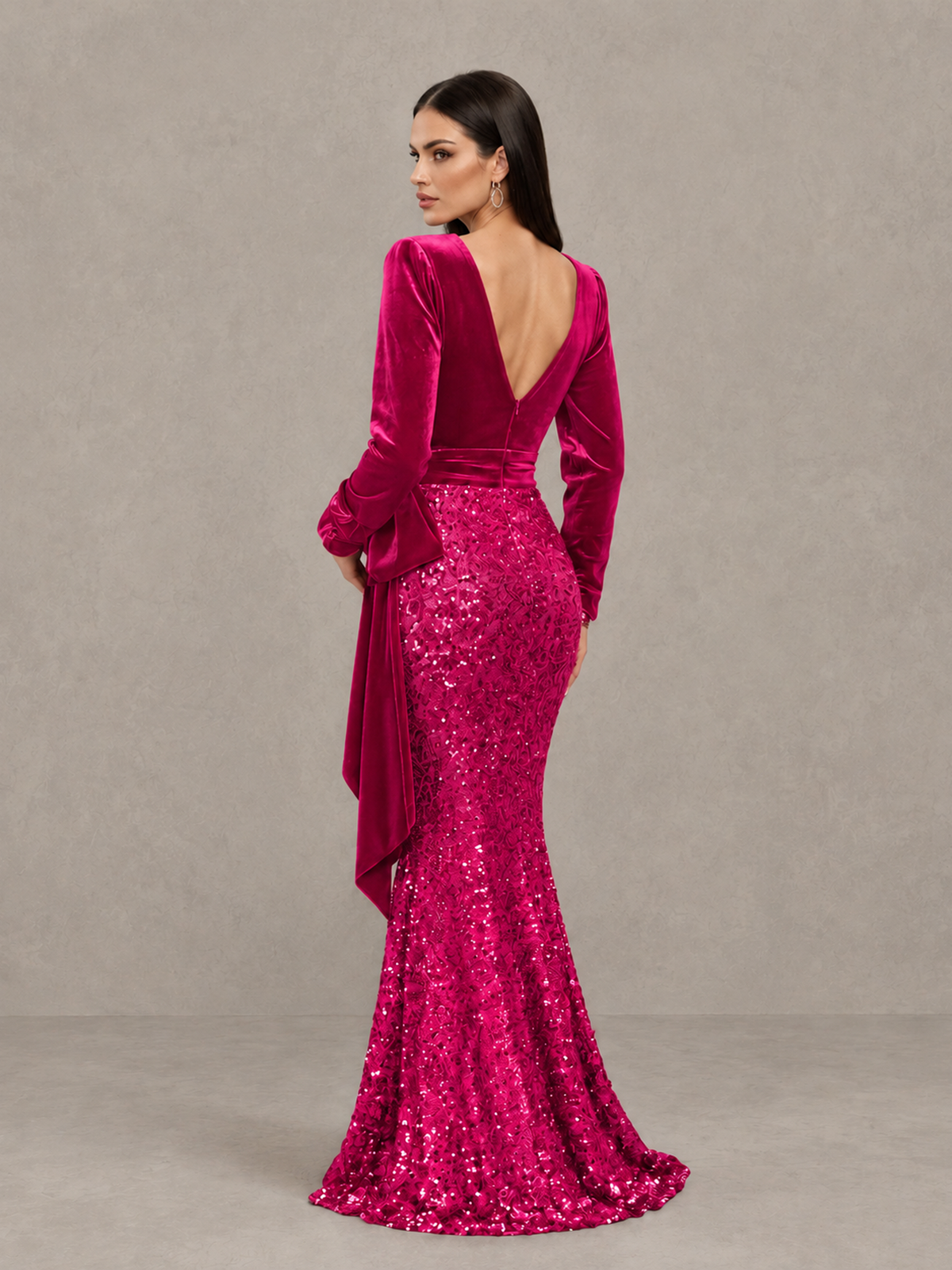 BOLODOO Hot Pink Velvet & Sequin Long Sleeve V-Neck Mermaid Evening Gown - Hot Pink - Hot Pink_2