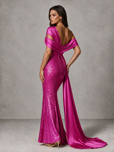 BOLODOO Hot Pink Sequin Mermaid Evening Dress with Off-Shoulder Satin Drape and Sweep Train - Hot Pink - Hot Pink_2