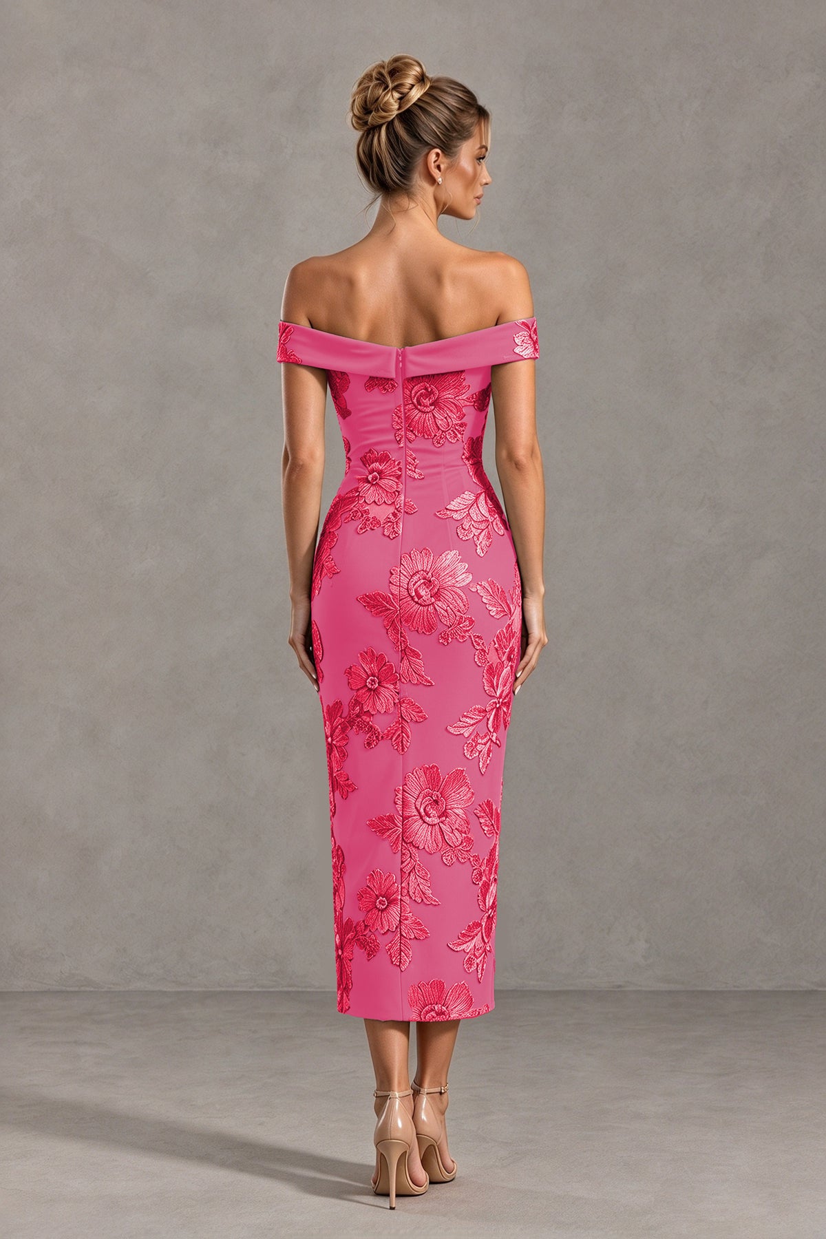 BOLODOO Hot Pink Off Shoulder Floral Jacquard Midi Dress - Hot Pink - Hot Pink(2)