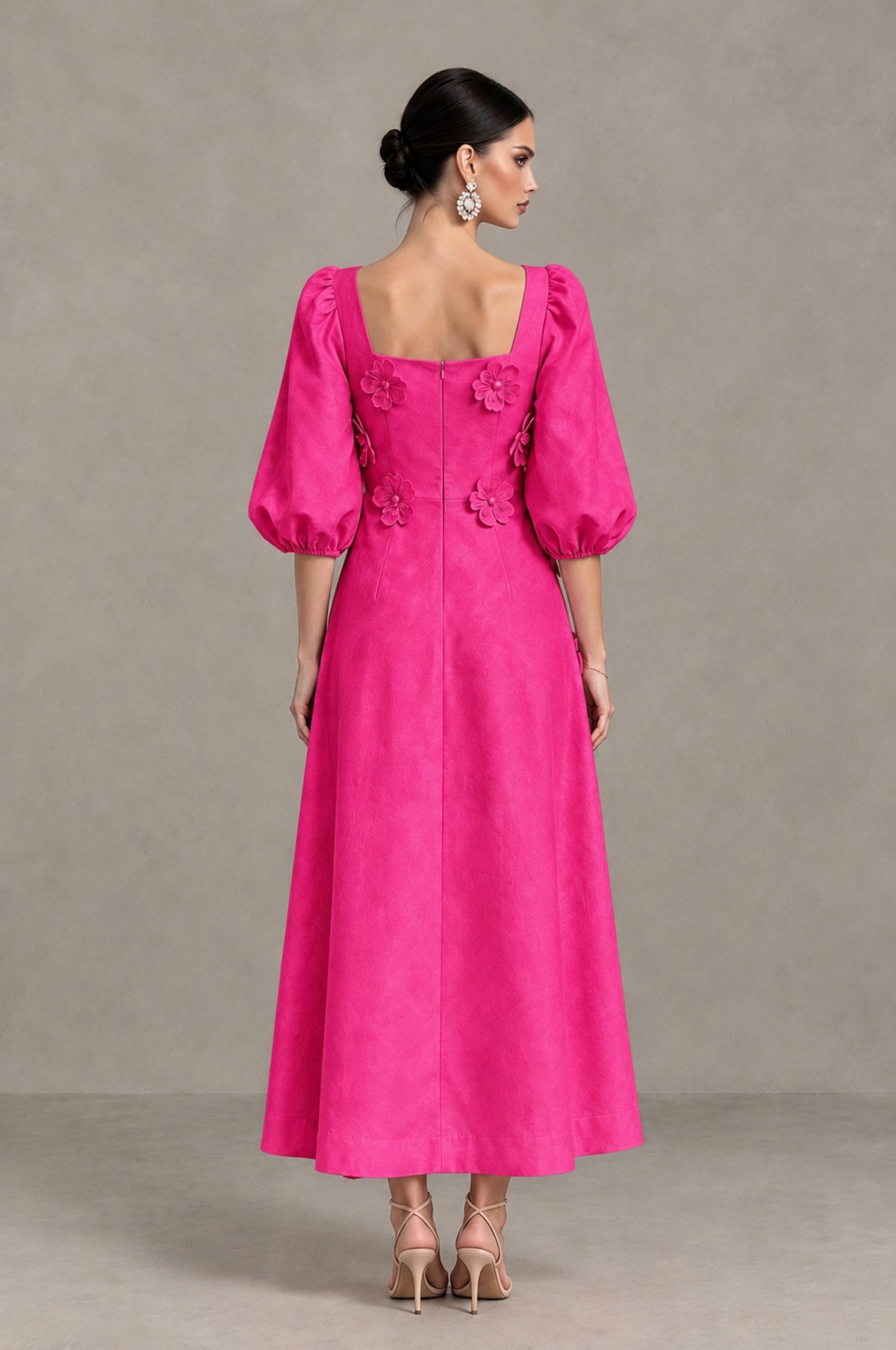 BOLODOO Hot Pink 3D Floral Puff Sleeve Midi Cocktail Dress - Hot Pink - Hot Pink_2
