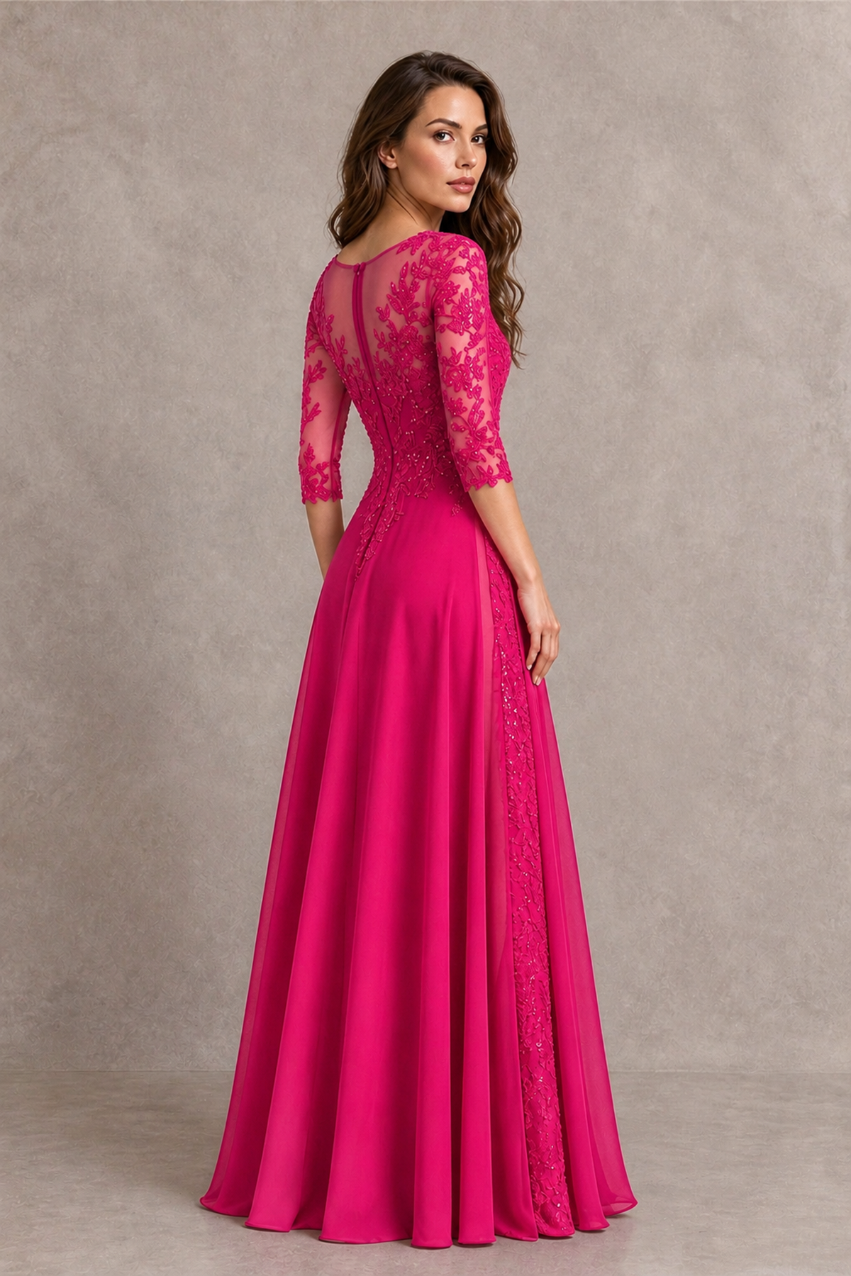 BOLODOO Midnight Hot Pink Beaded Lace Appliqué Chiffon A-Line Gown | Mother of the Bride & Formal Evening Dress - Hot Pink - Hot Pink_2