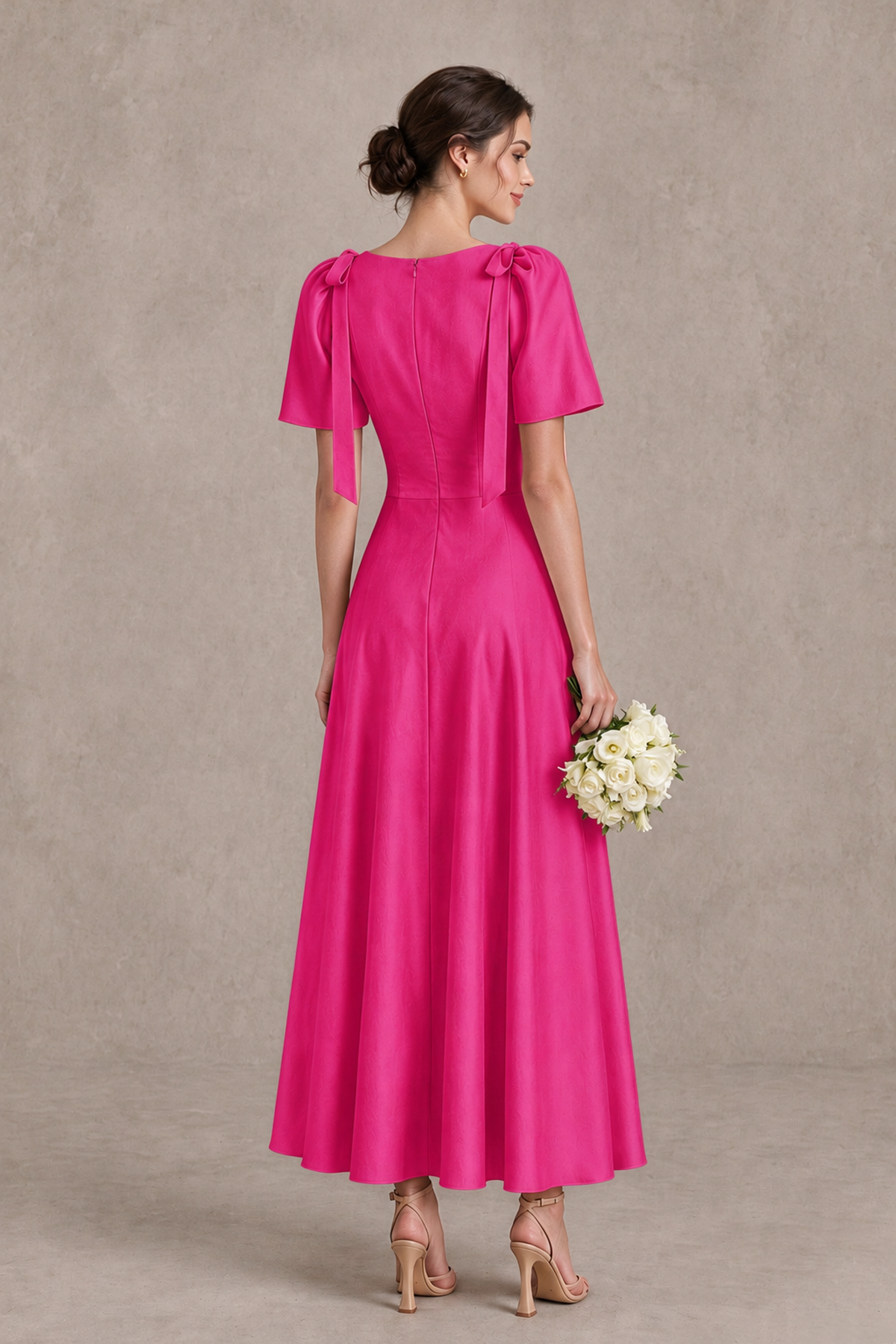 BOLODOO Hot Pink V-Neck Short Sleeve Satin-Look Bridesmaid Dress with Shoulder Bows - Hot Pink - Hot Pink_2